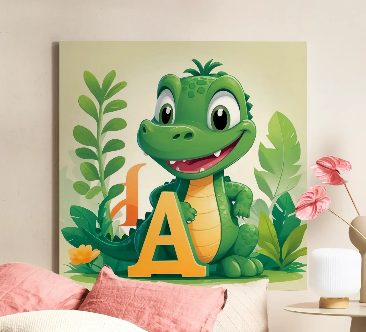Cartoon Alligator character standing next to the letter A canvas with Floater frame by DesignDoodle