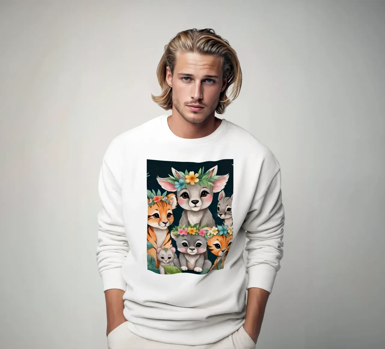 Mignon groupe d'animaux de dessins animés portant des couronnes de fleurs sweat de DesignDoodle