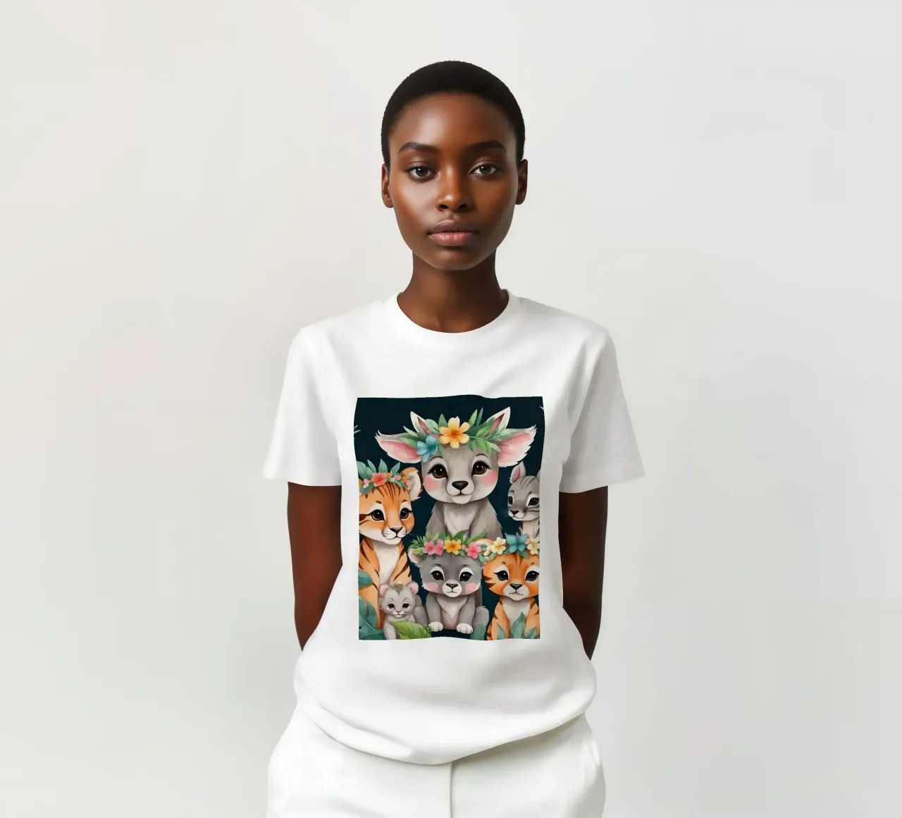 Mignon groupe d'animaux de dessins animés portant des couronnes de fleurs t-shirt de DesignDoodle