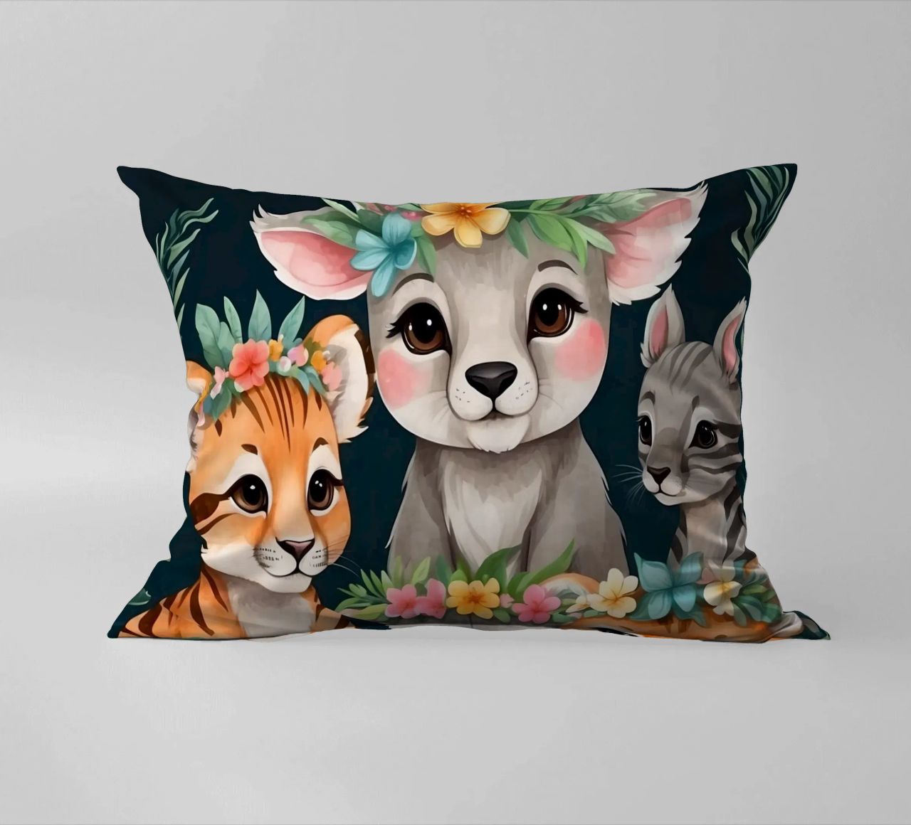 Mignon groupe d'animaux de dessins animés portant des couronnes de fleurs coussin de DesignDoodle