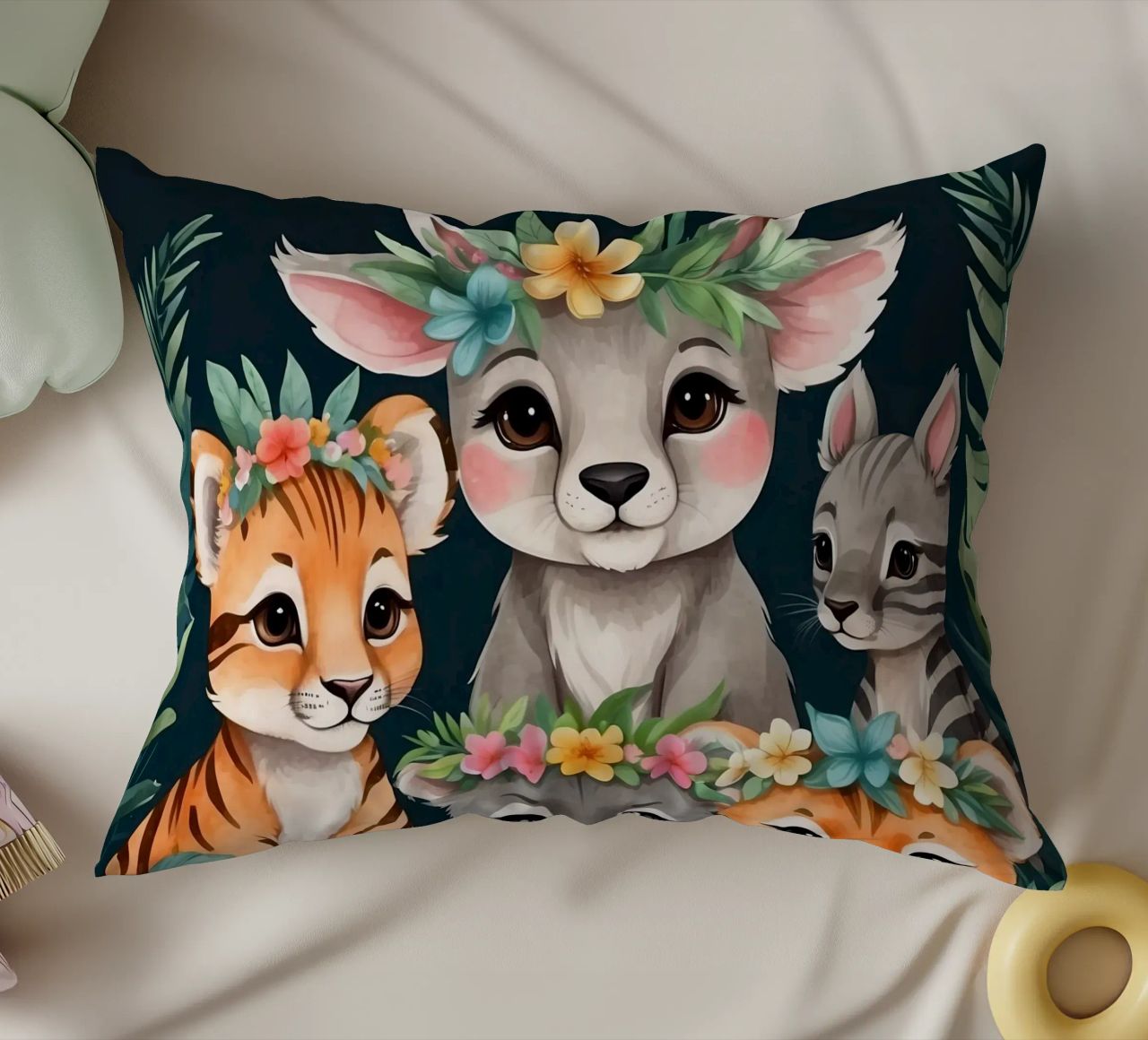 Mignon groupe d'animaux de dessins animés portant des couronnes de fleurs coussin de DesignDoodle