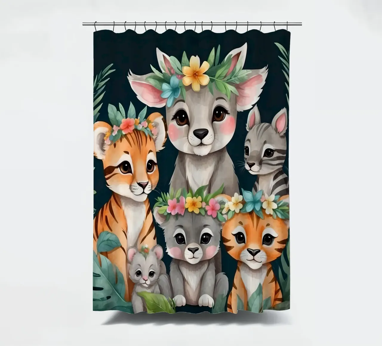 Simpatico gruppo di animali dei cartoni animati che indossano corone di fiori tenda da doccia da DesignDoodle