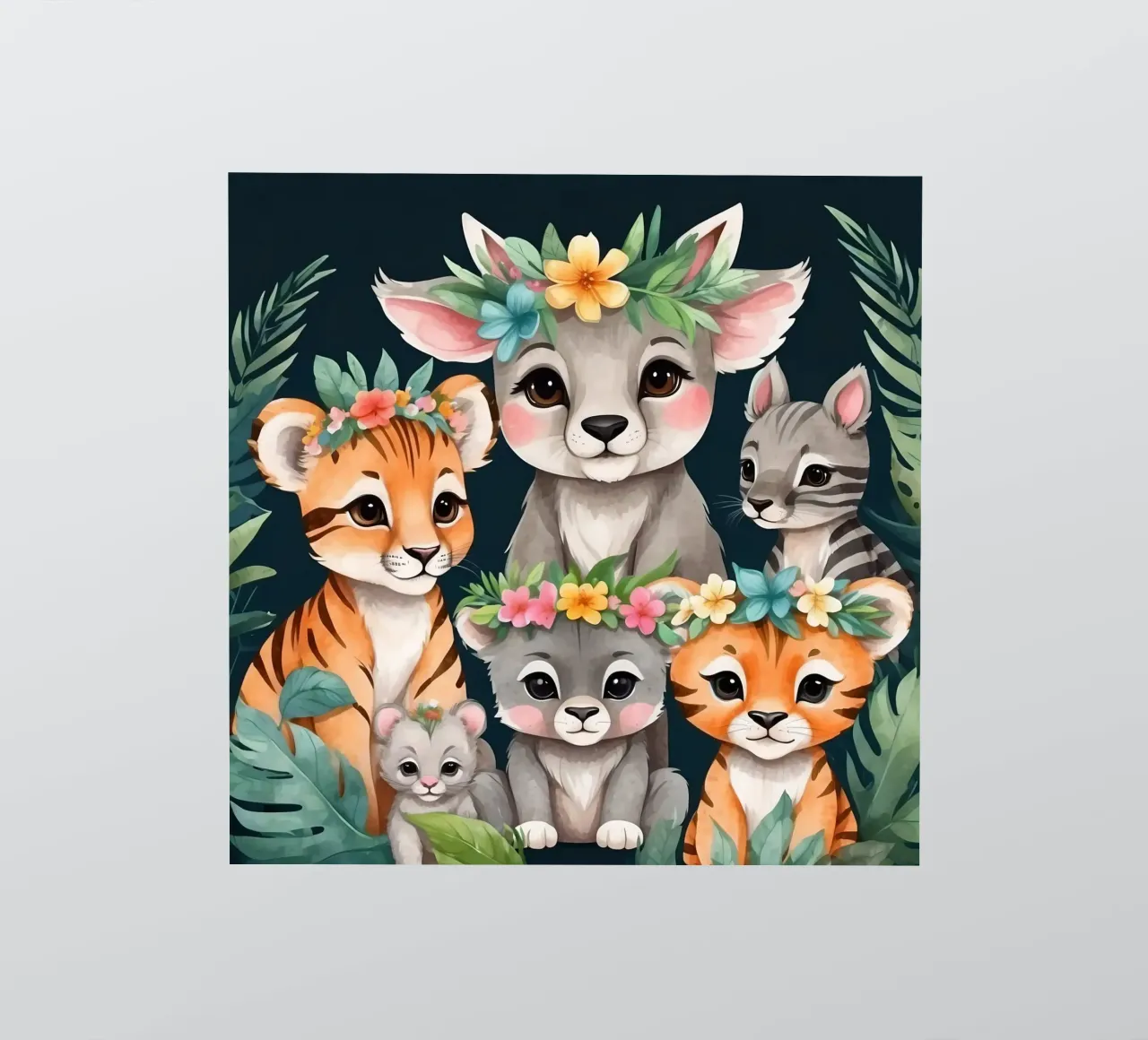 Mignon groupe d'animaux de dessins animés portant des couronnes de fleurs autocollant de DesignDoodle