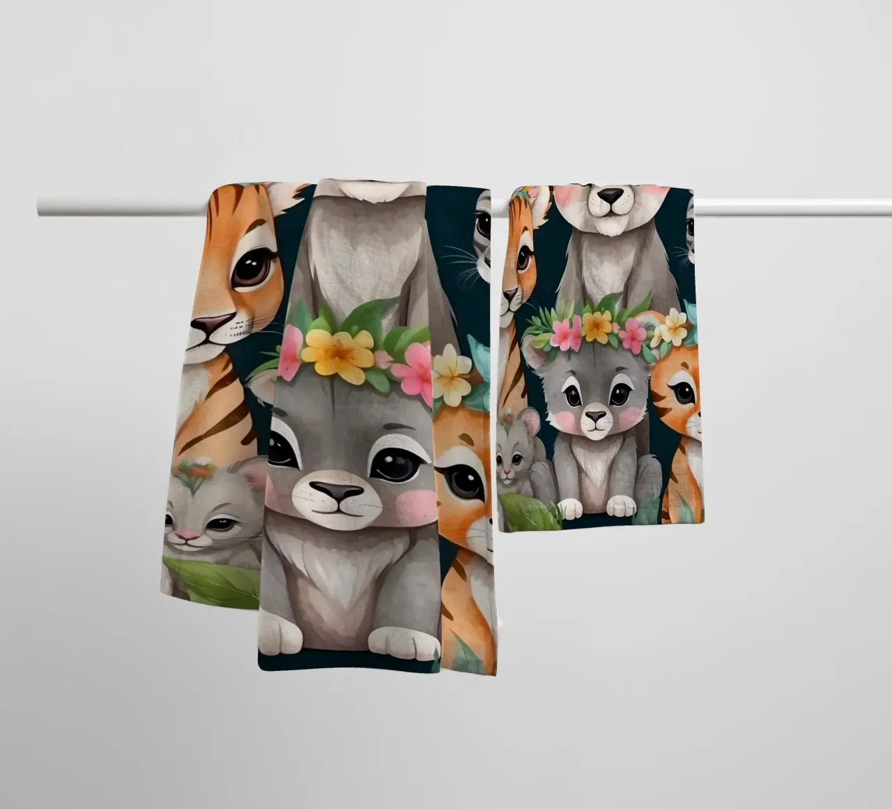 Mignon groupe d'animaux de dessins animés portant des couronnes de fleurs serviette de bain de DesignDoodle