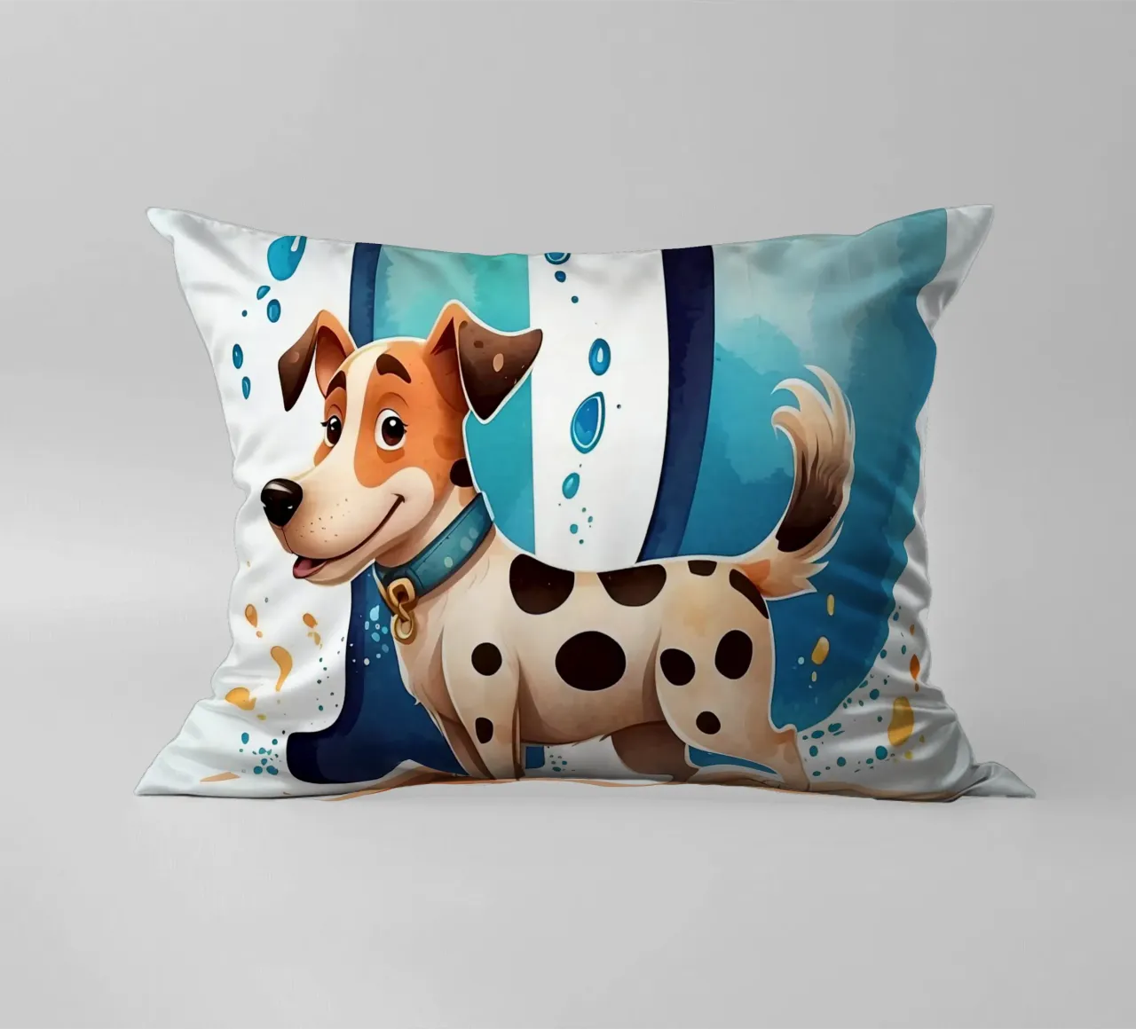 Chien mignon debout à côté d'une grande lettre D avec de l'eau enjouée coussin de DesignDoodle
