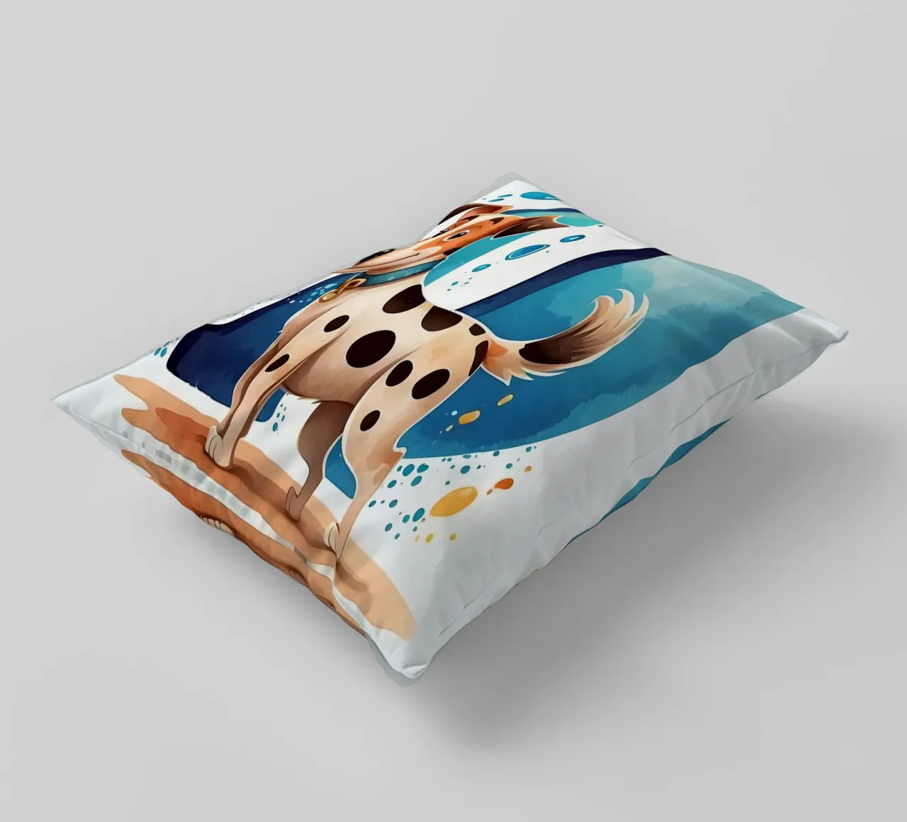 Chien mignon debout à côté d'une grande lettre D avec de l'eau enjouée coussin de DesignDoodle