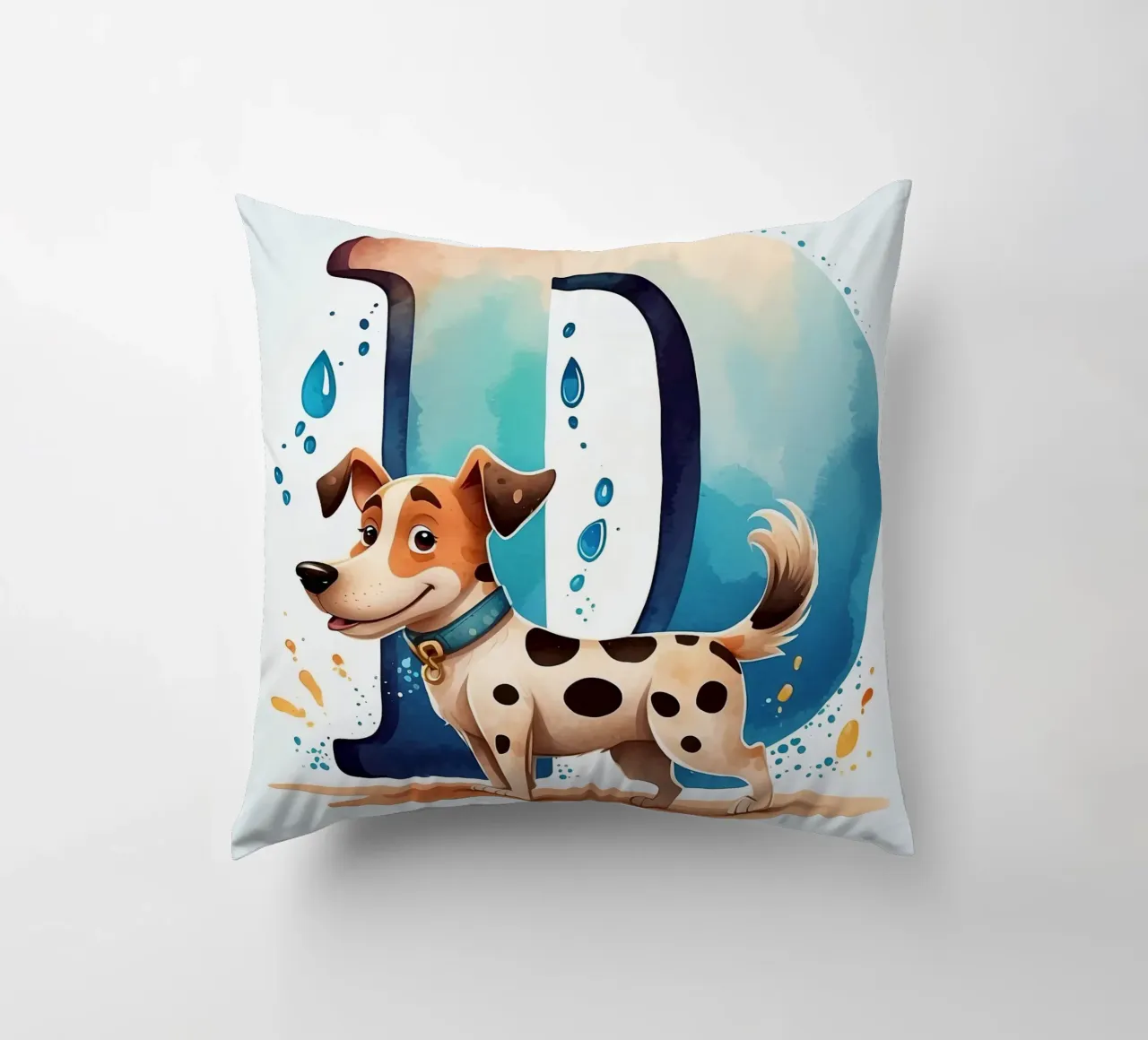 Chien mignon debout à côté d'une grande lettre D avec de l'eau enjouée coussin de DesignDoodle