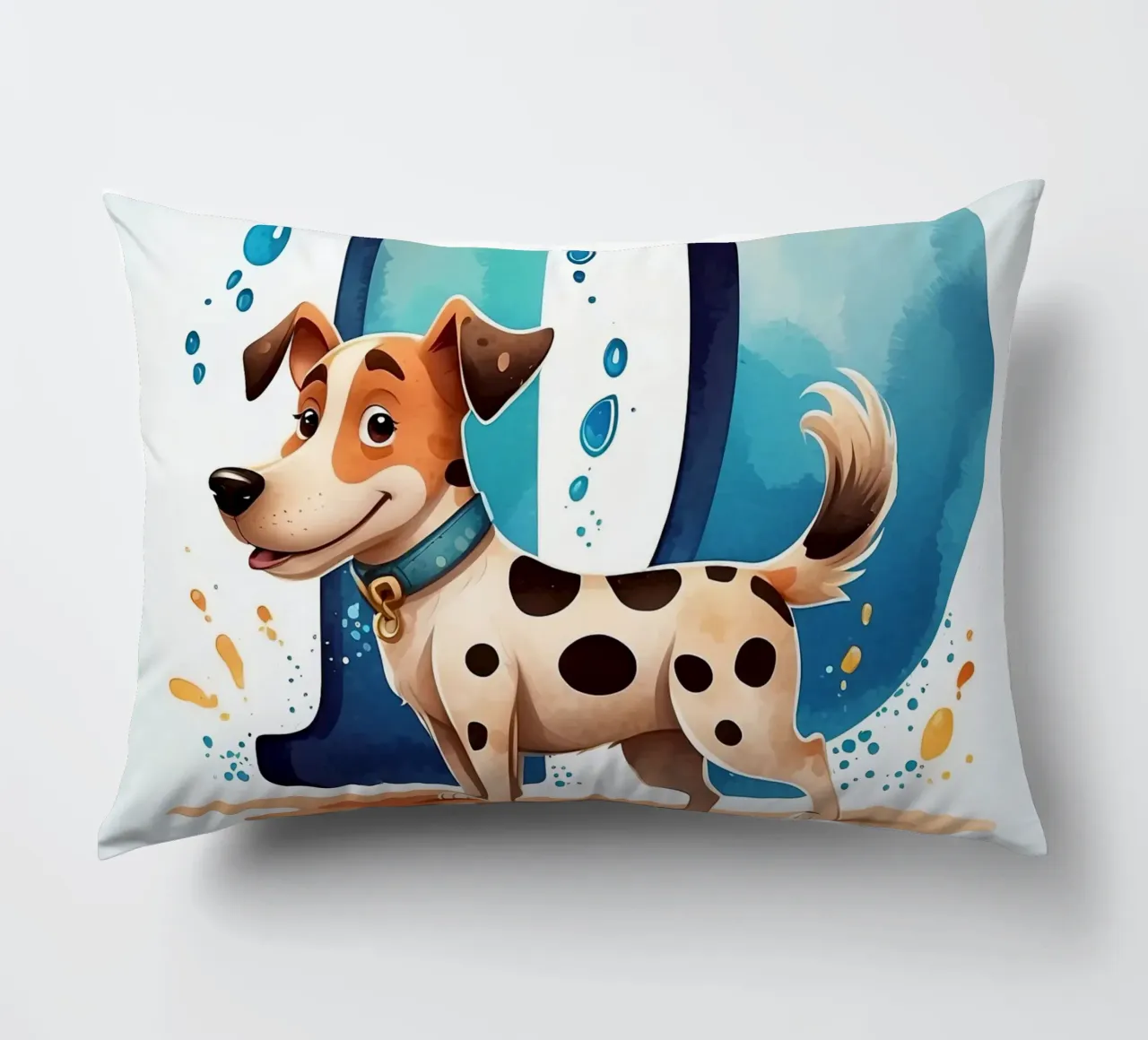 Chien mignon debout à côté d'une grande lettre D avec de l'eau enjouée coussin de DesignDoodle