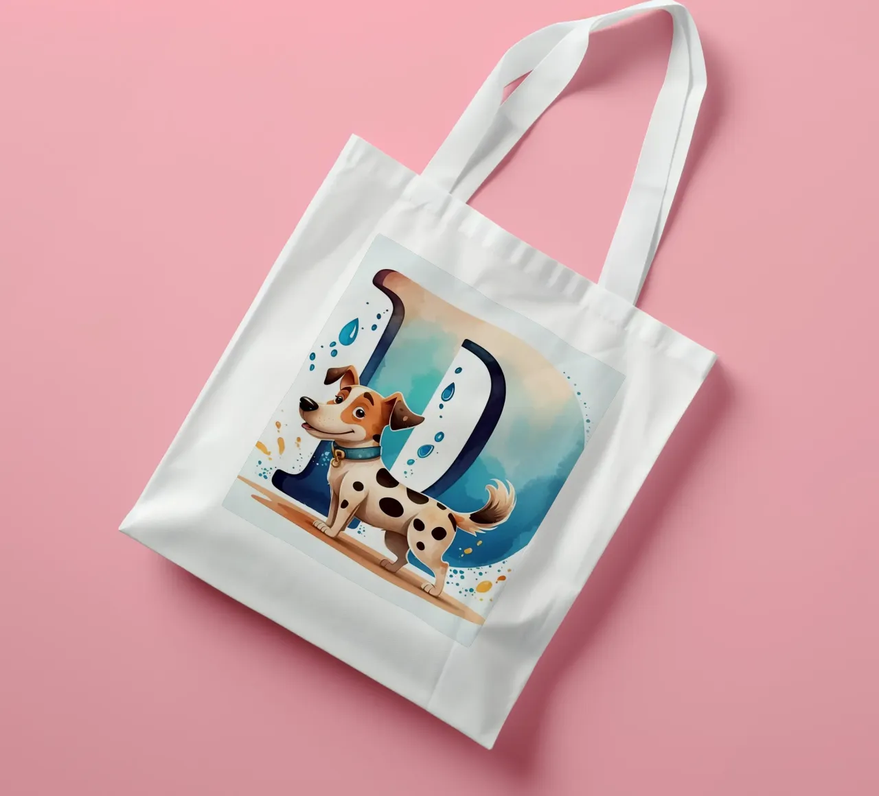 Chien mignon debout à côté d'une grande lettre D avec de l'eau enjouée tote bag de DesignDoodle