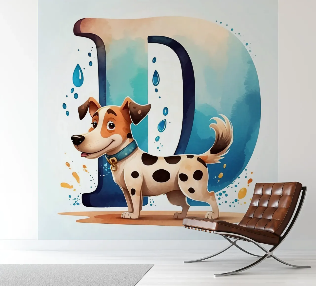 Cute dog standing beside a large letter D with playful water photo wallpaper by DesignDoodle