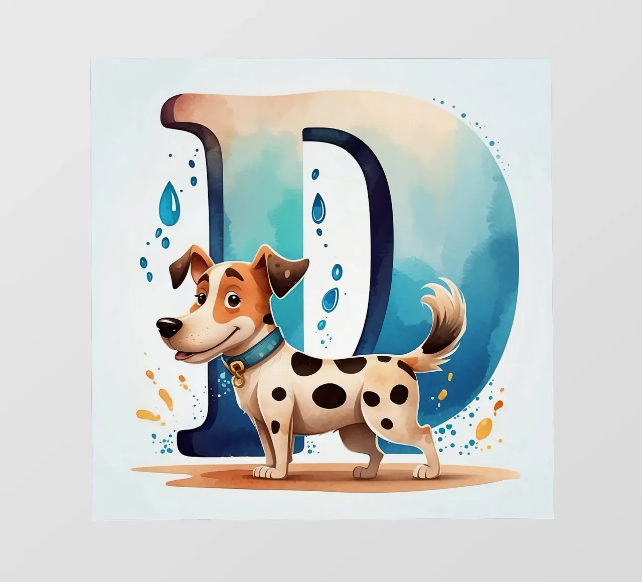 Cute dog standing beside a large letter D with playful water photo wallpaper by DesignDoodle