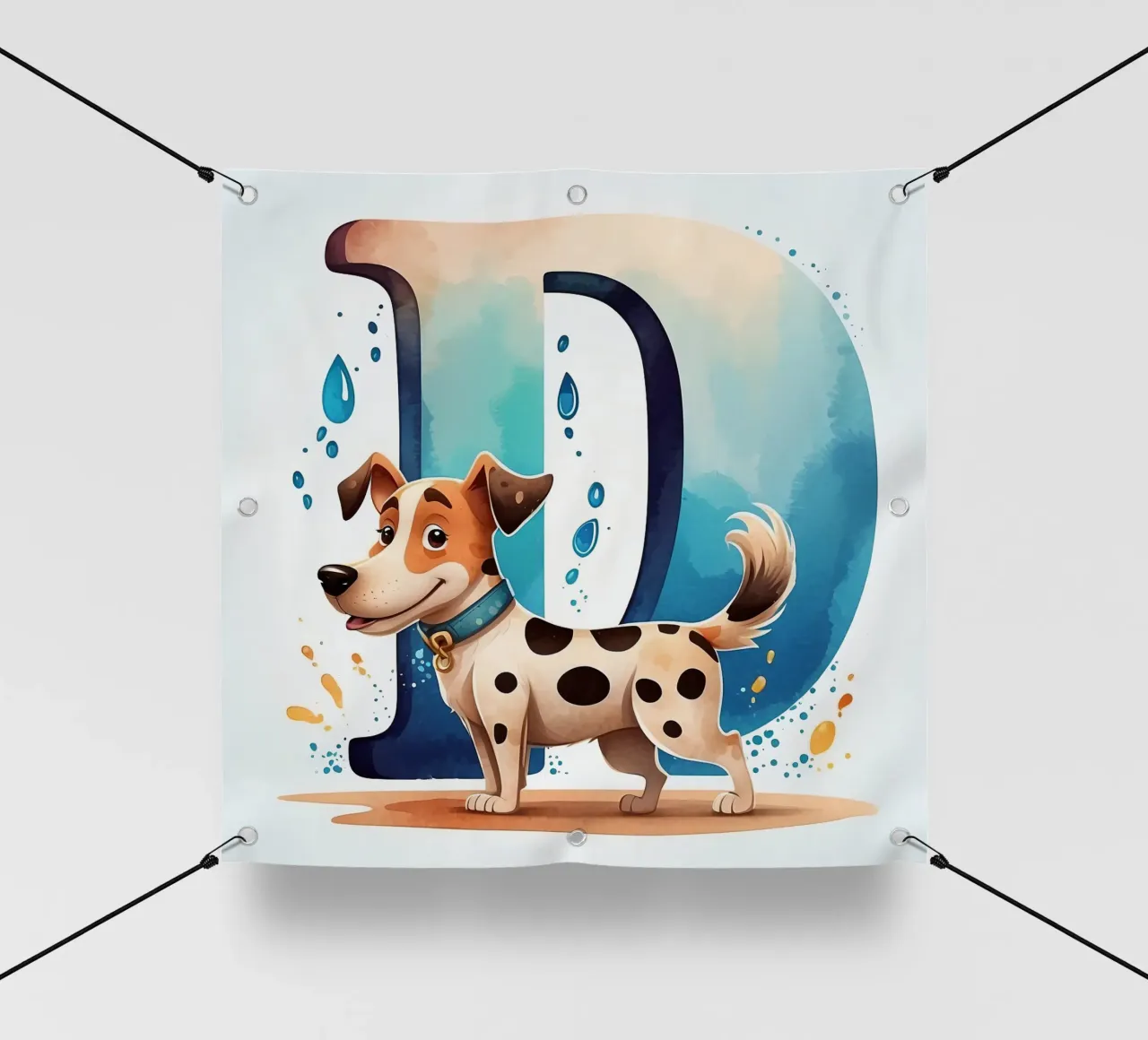 Chien mignon debout à côté d'une grande lettre D avec de l'eau enjouée bâche pvc de DesignDoodle