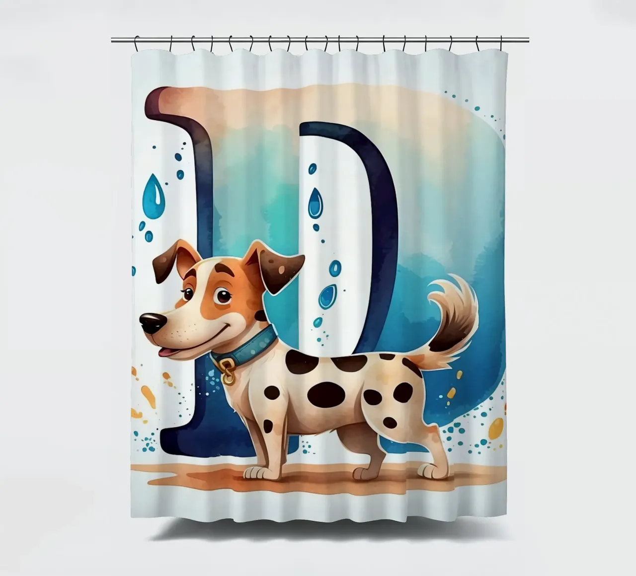 Chien mignon debout à côté d'une grande lettre D avec de l'eau enjouée rideau de douche de DesignDoodle