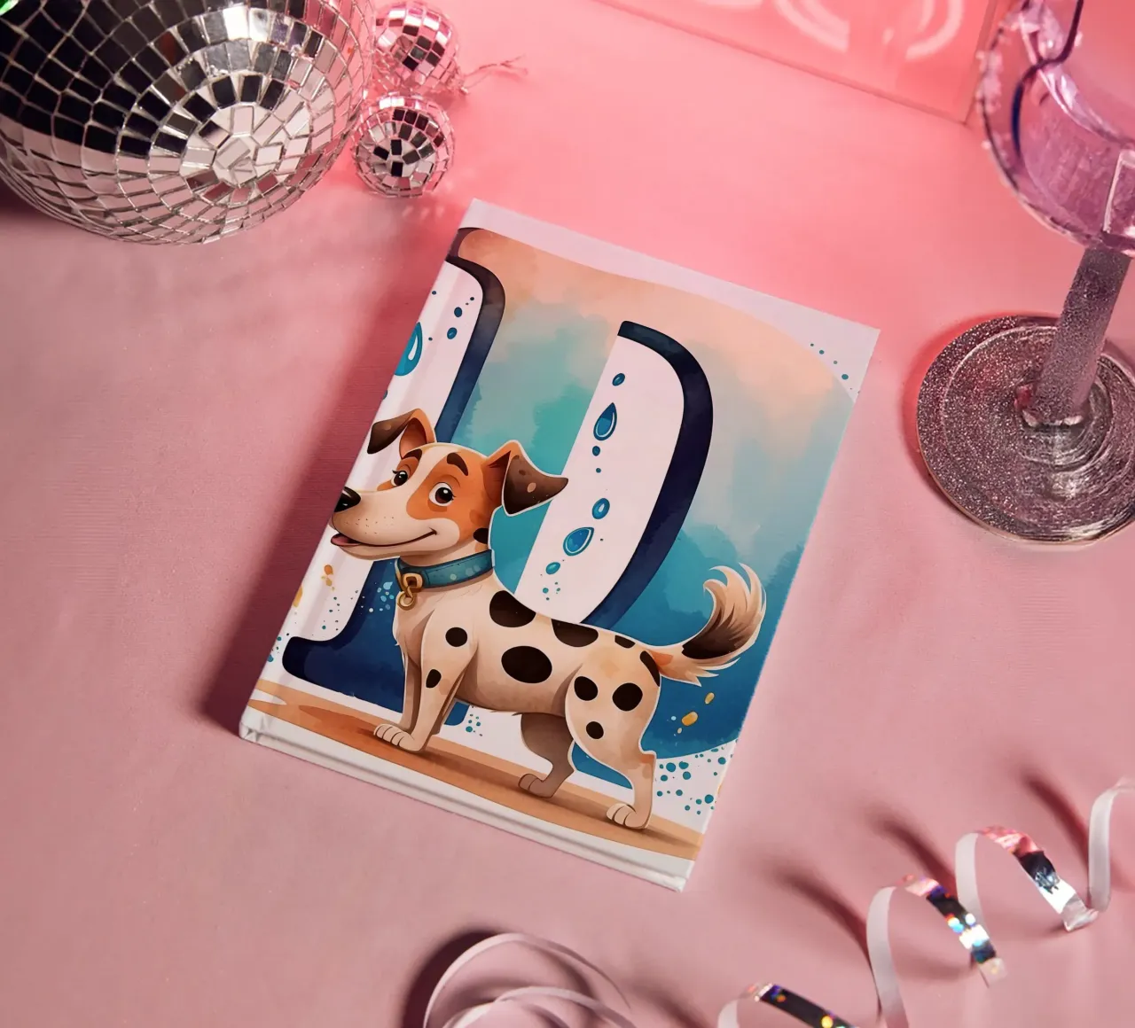 Chien mignon debout à côté d'une grande lettre D avec de l'eau enjouée carnet de notes de DesignDoodle