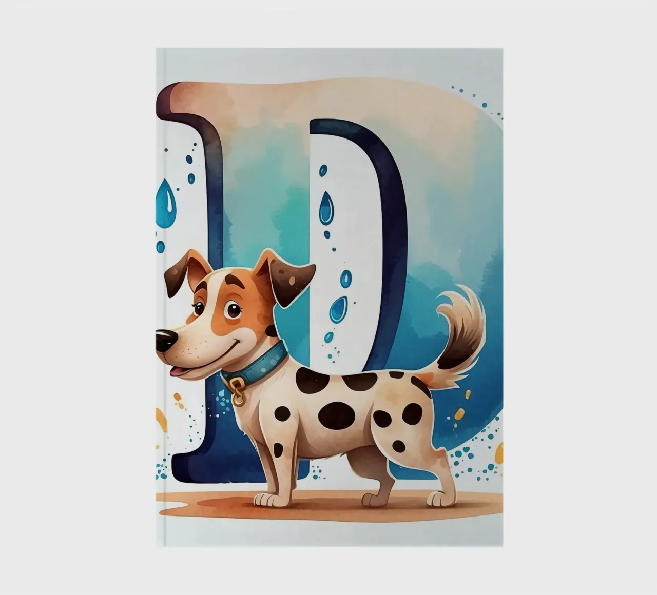 Chien mignon debout à côté d'une grande lettre D avec de l'eau enjouée carnet de notes de DesignDoodle