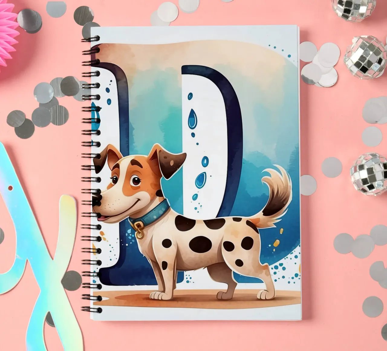 Chien mignon debout à côté d'une grande lettre D avec de l'eau enjouée carnet à spirale de DesignDoodle