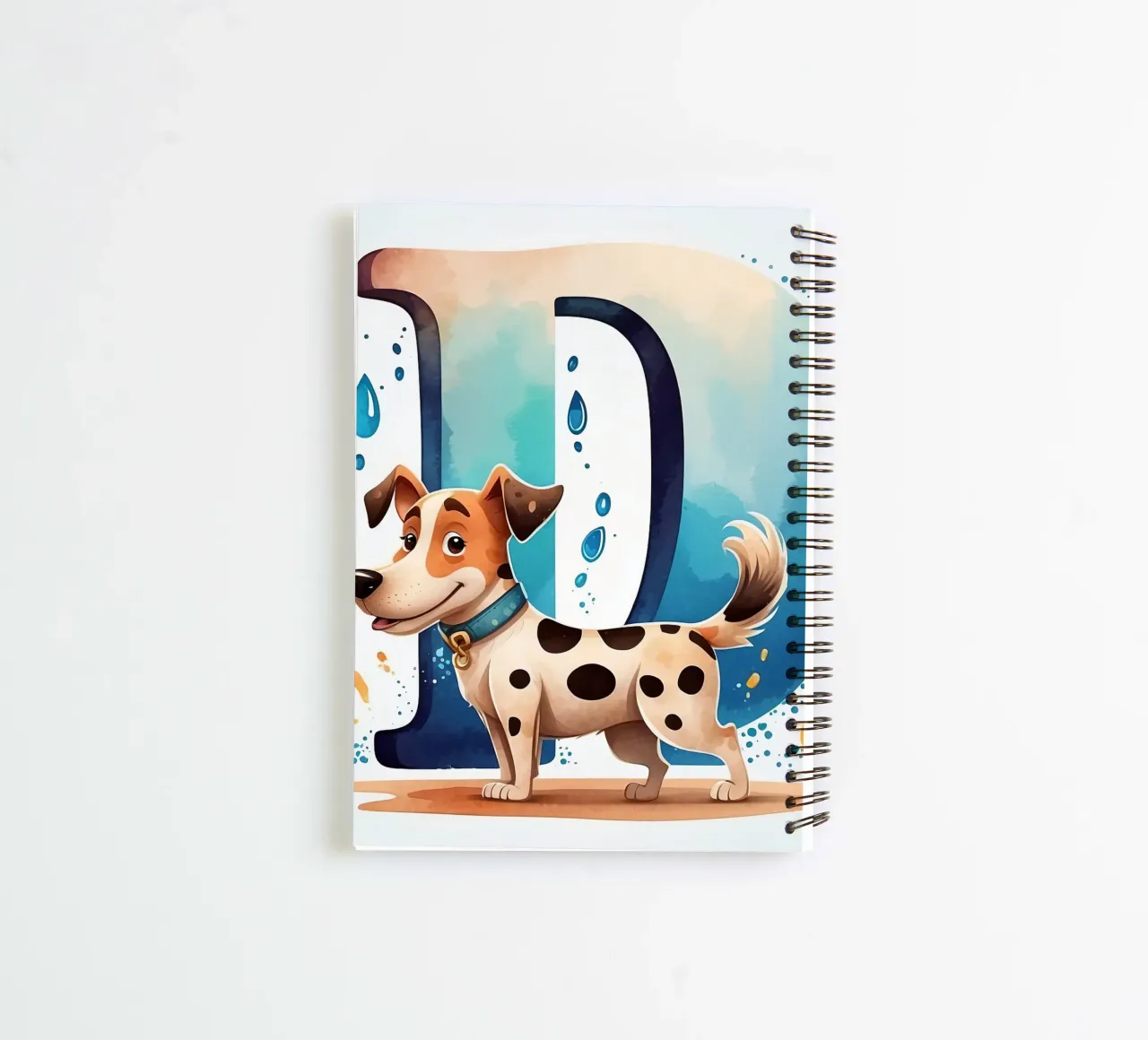 Chien mignon debout à côté d'une grande lettre D avec de l'eau enjouée carnet à spirale de DesignDoodle