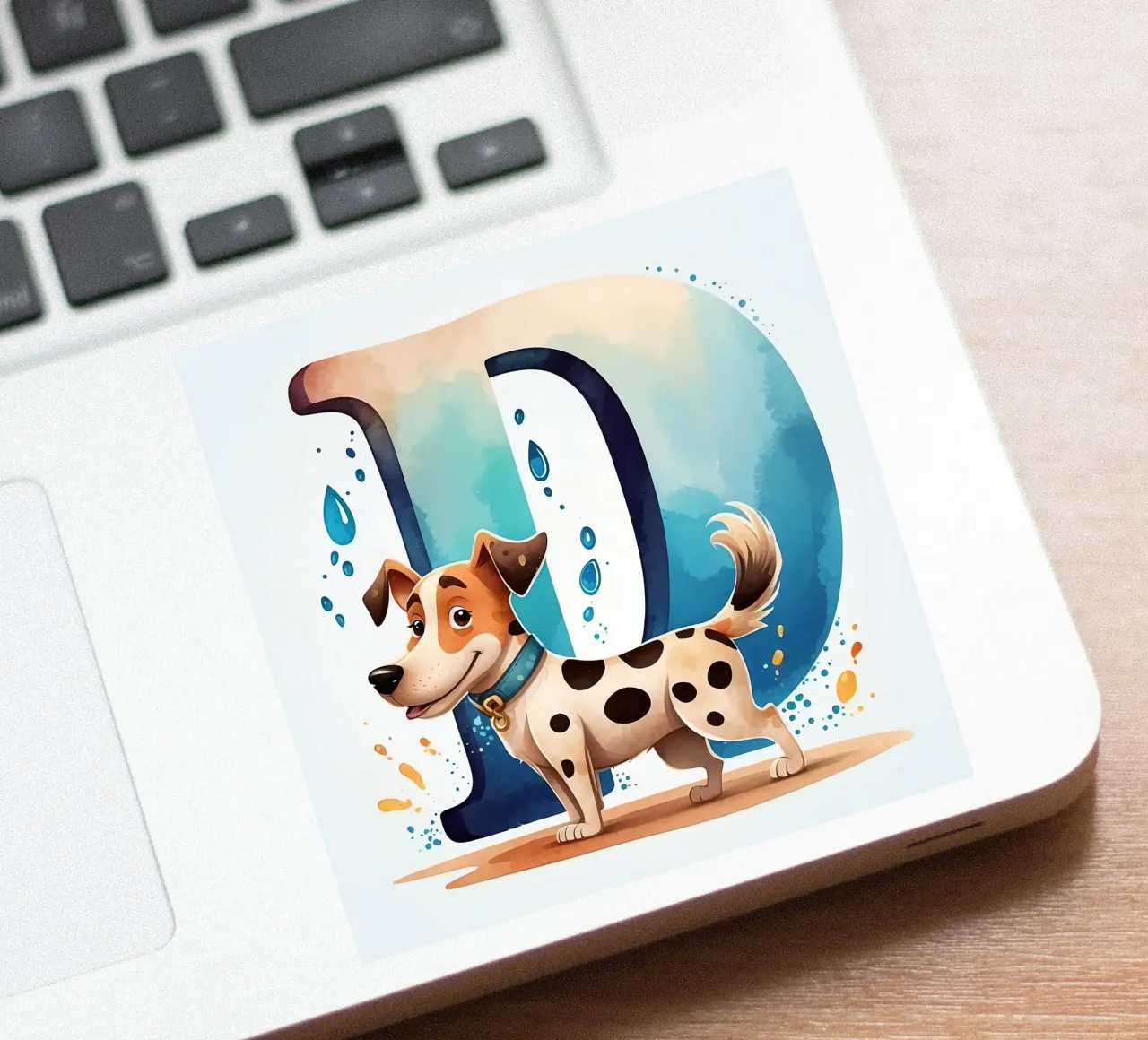 Chien mignon debout à côté d'une grande lettre D avec de l'eau enjouée autocollant de DesignDoodle