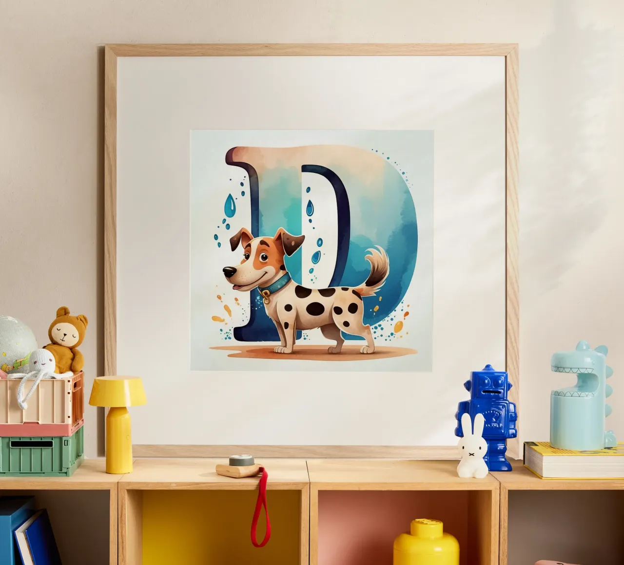 Chien mignon debout à côté d'une grande lettre D avec de l'eau enjouée hahnemühle de DesignDoodle