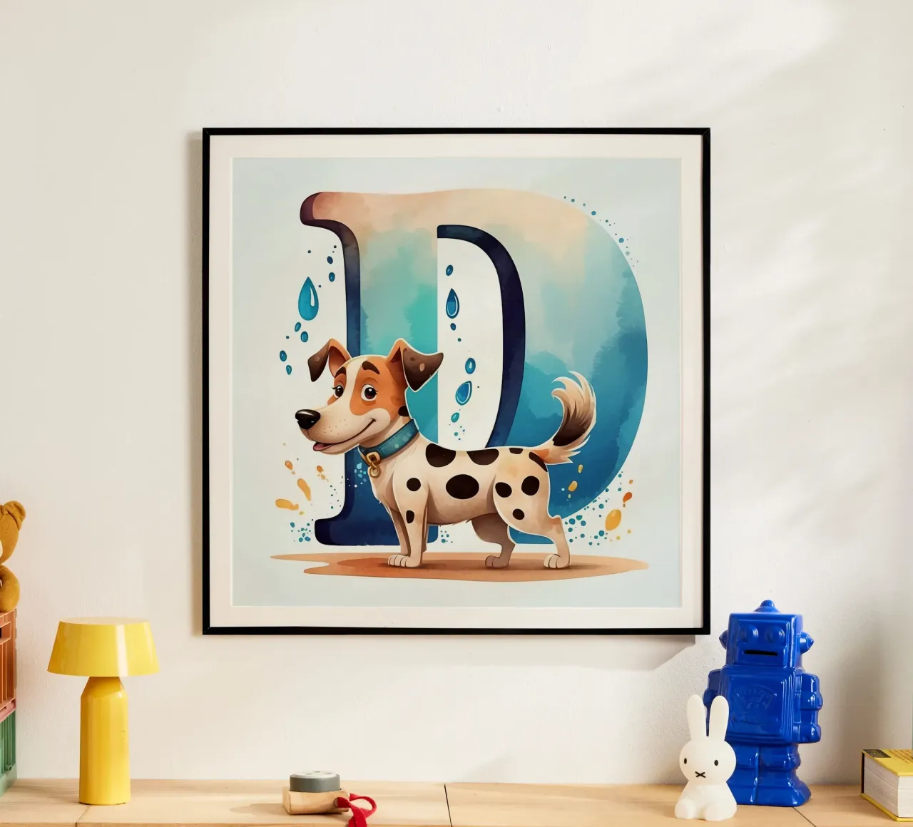 Chien mignon debout à côté d'une grande lettre D avec de l'eau enjouée hahnemühle de DesignDoodle