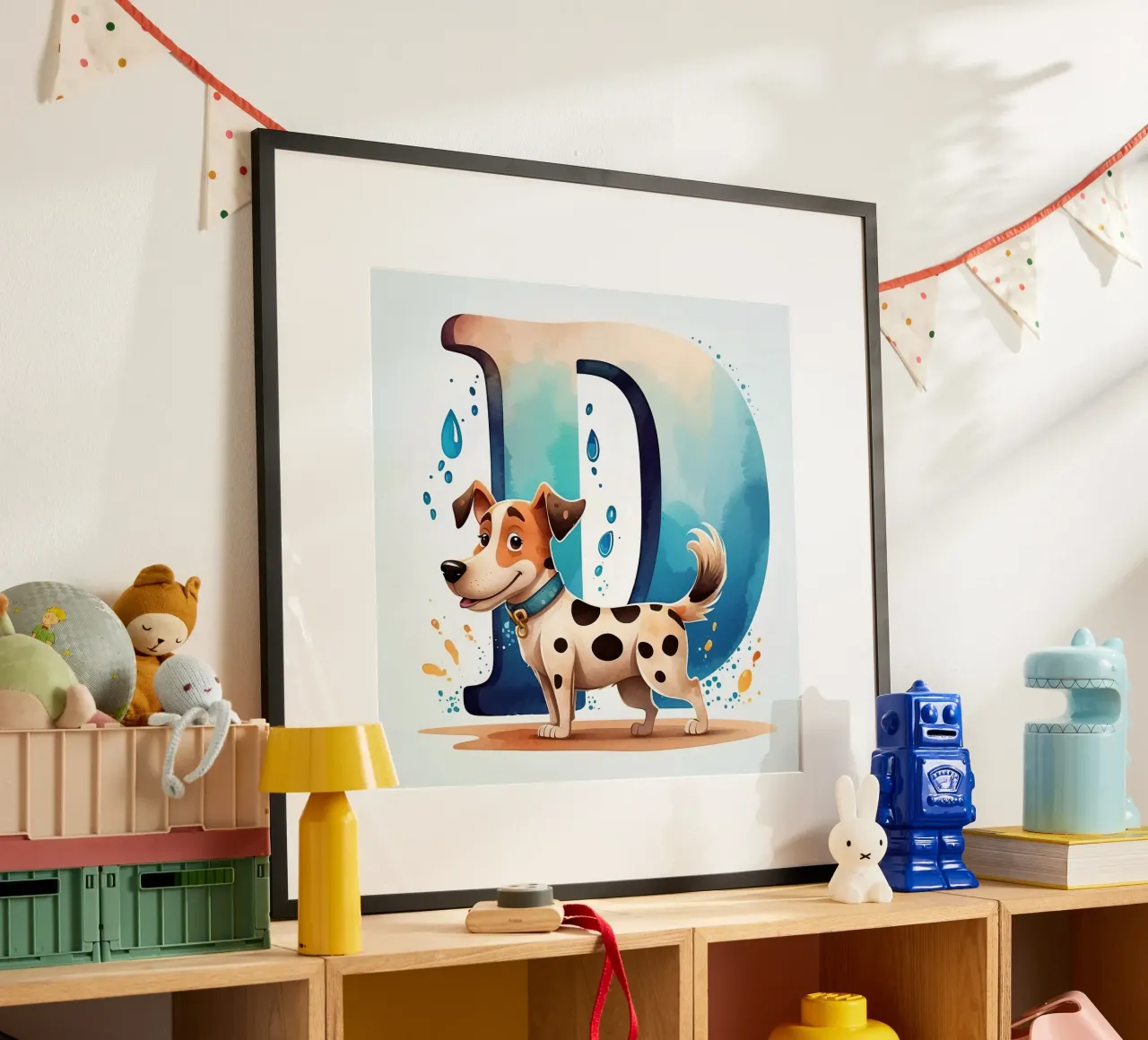 Chien mignon debout à côté d'une grande lettre D avec de l'eau enjouée hahnemühle de DesignDoodle
