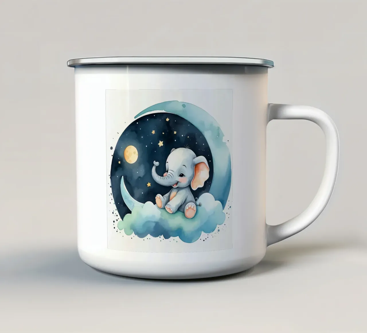 Carino l'elefante seduto su una nuvola con luna e stelle tazza in smalto da DesignDoodle