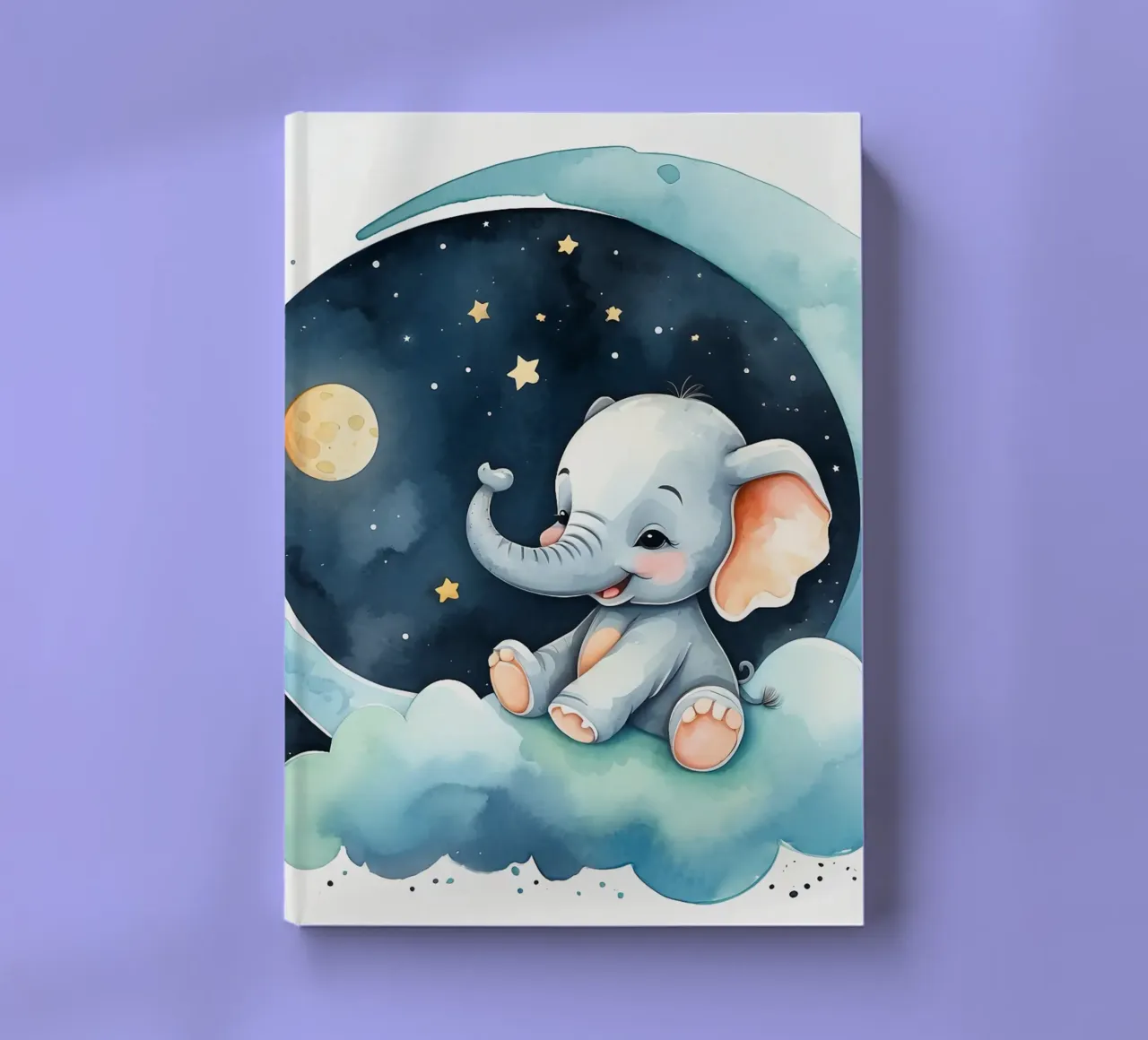 Cute elephant sitting on a cloud with moon and stars notebook by DesignDoodle