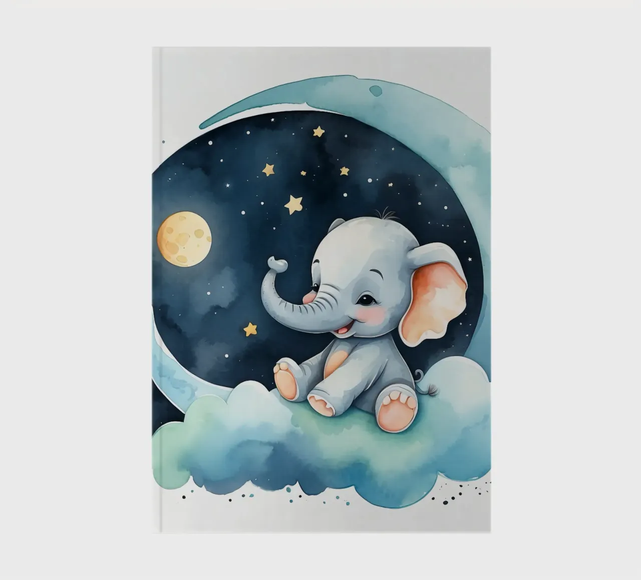 Cute elephant sitting on a cloud with moon and stars notebook by DesignDoodle