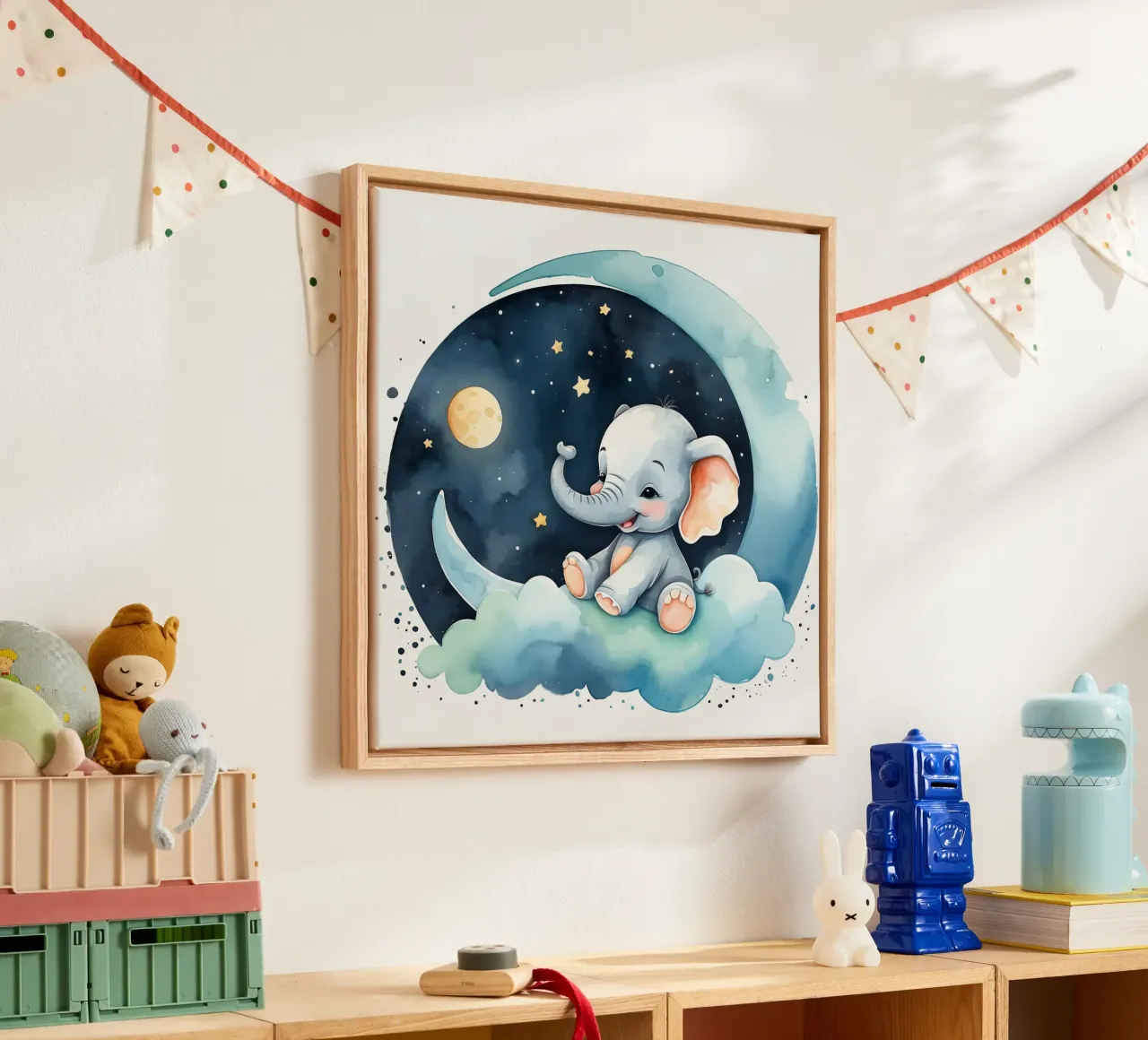 Cute elephant sitting on a cloud with moon and stars canvas with Floater frame by DesignDoodle