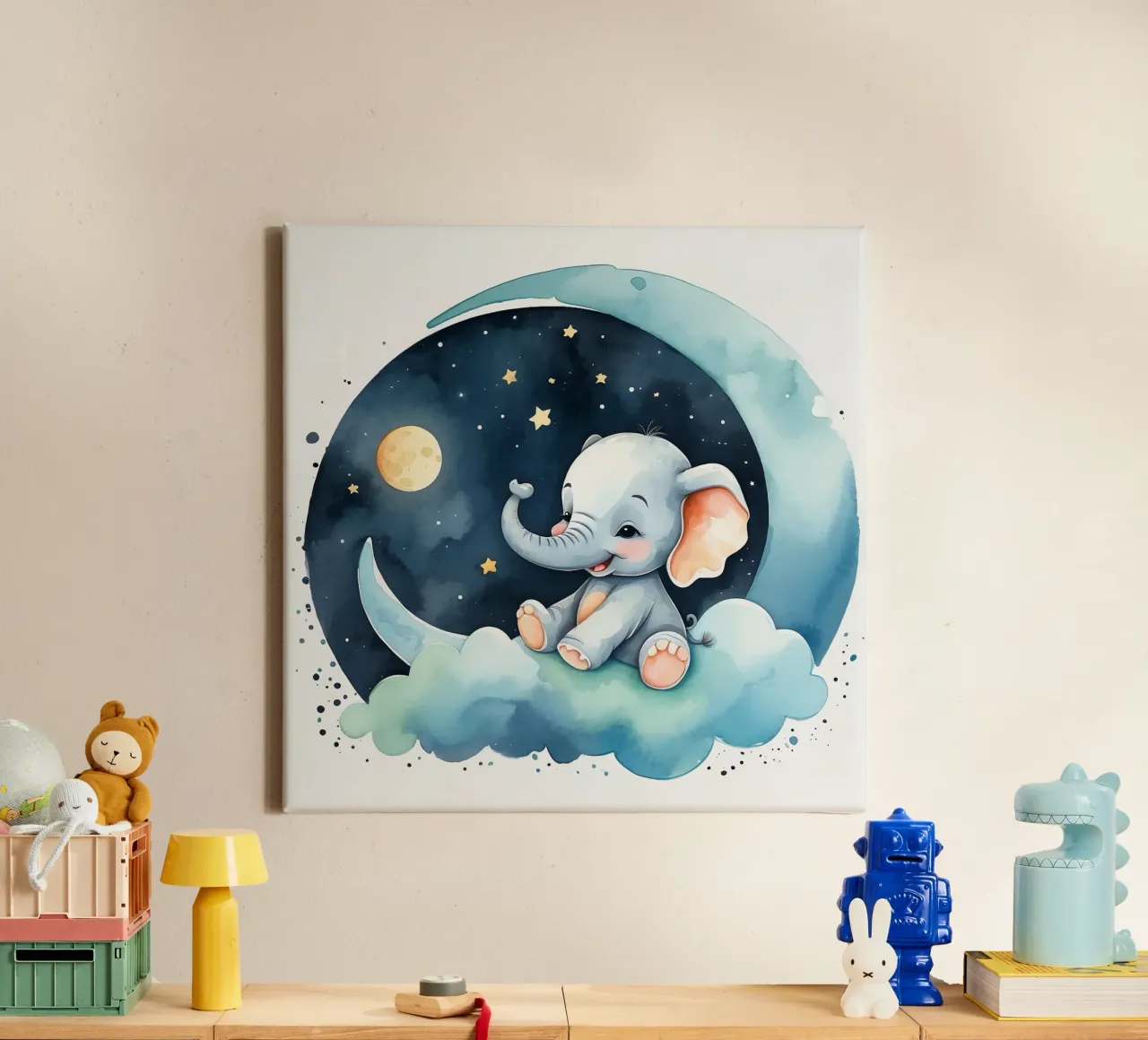 Cute elephant sitting on a cloud with moon and stars canvas with Floater frame by DesignDoodle