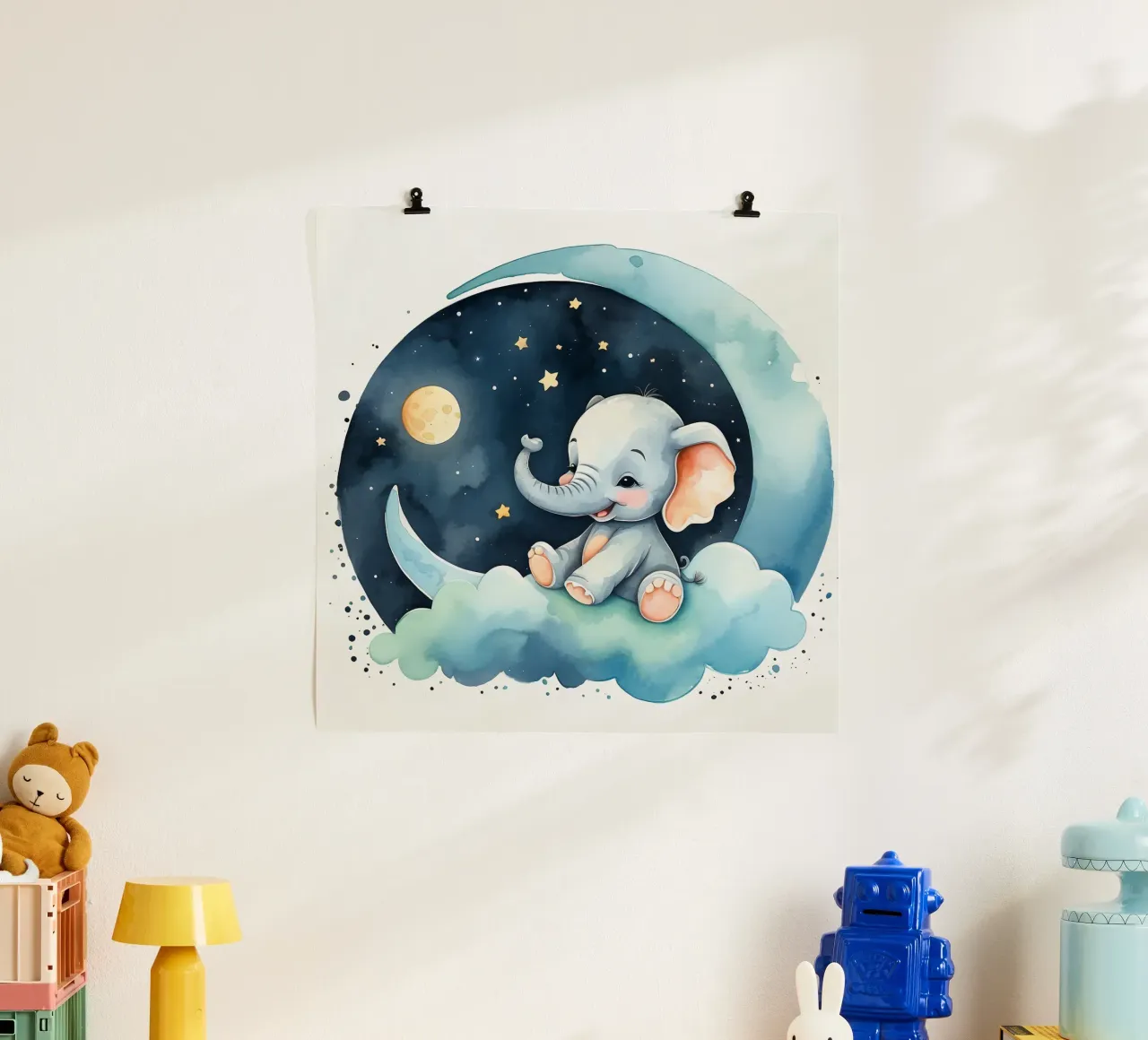 Cute elephant sitting on a cloud with moon and stars hahnemühle by DesignDoodle