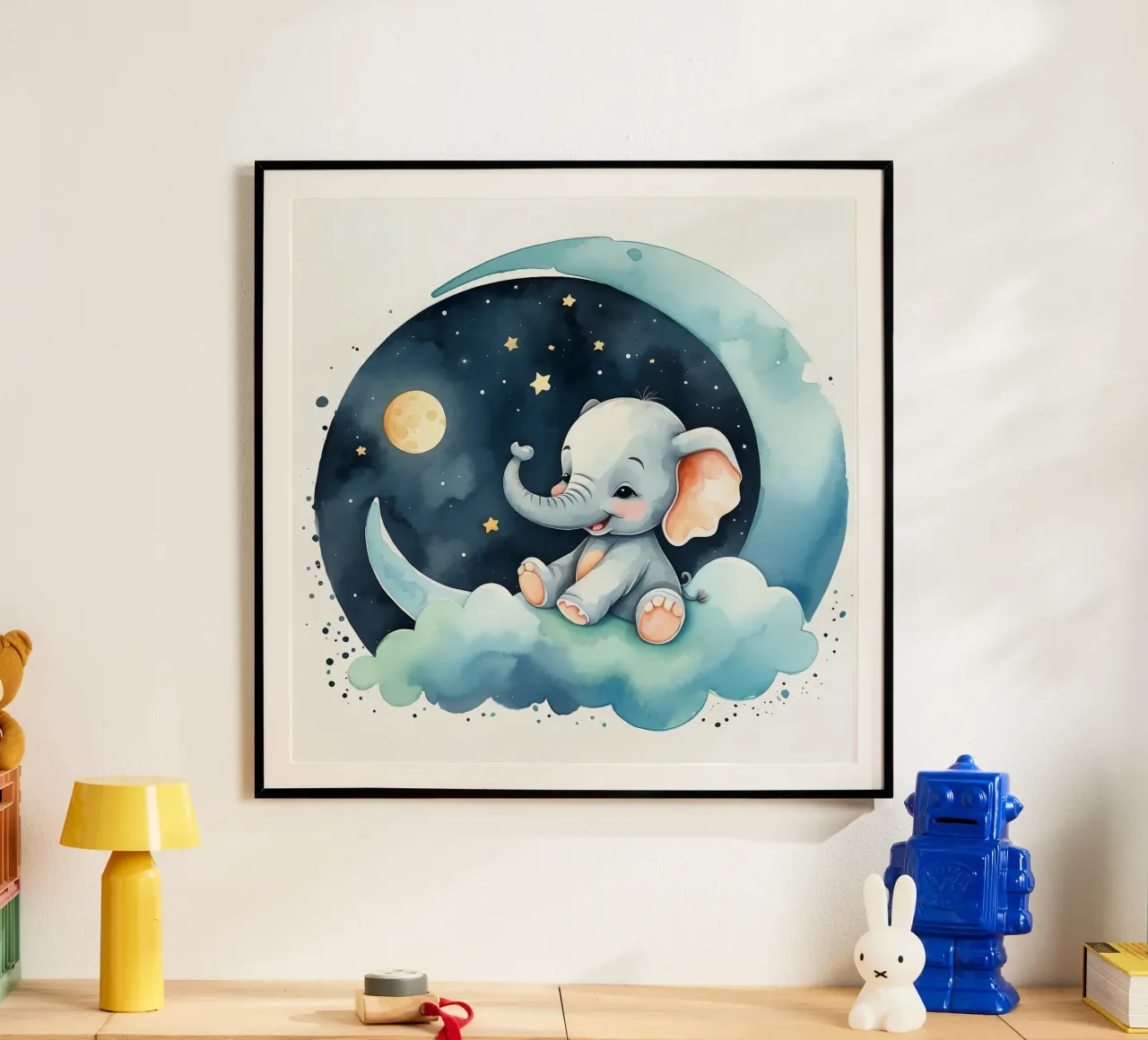 Cute elephant sitting on a cloud with moon and stars hahnemühle by DesignDoodle