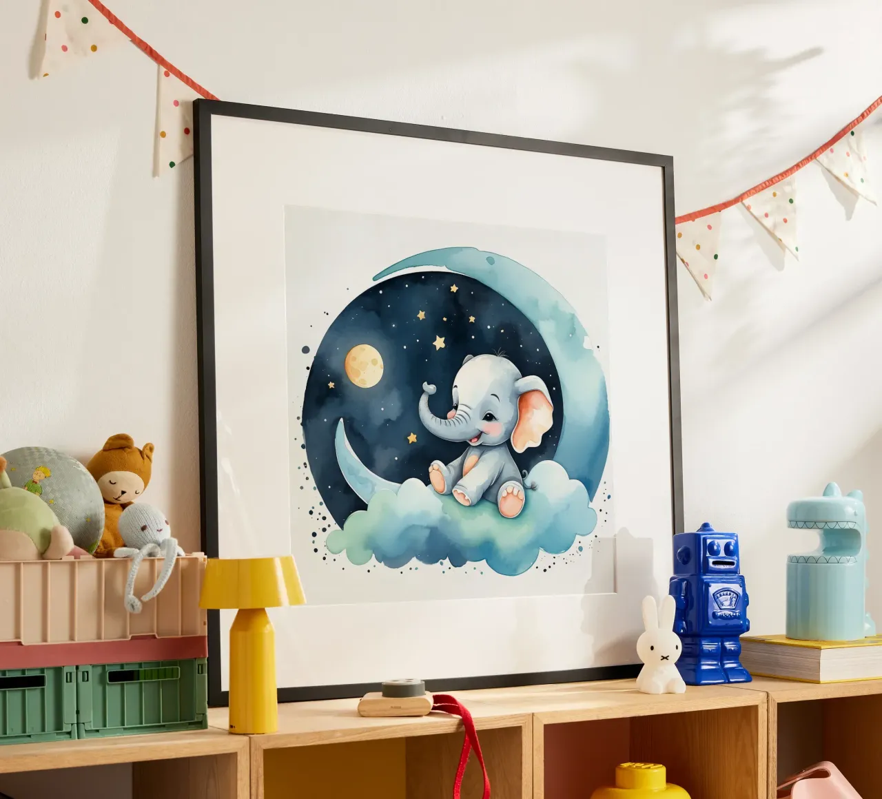 Cute elephant sitting on a cloud with moon and stars hahnemühle by DesignDoodle