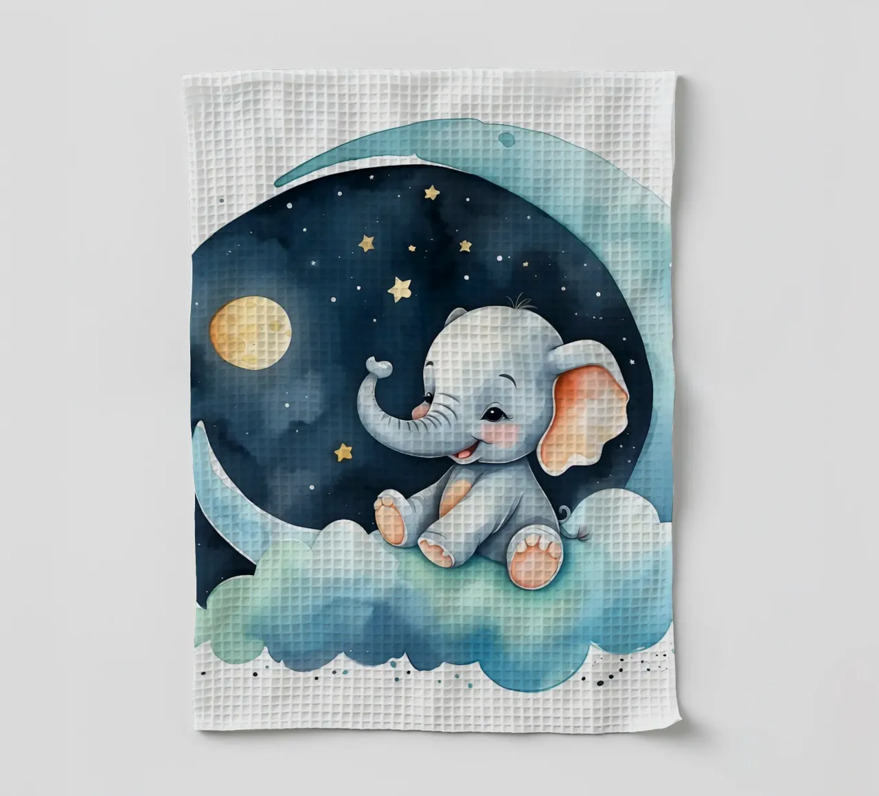 Mignon éléphant assis sur un nuage avec la lune et les étoiles torchon de DesignDoodle