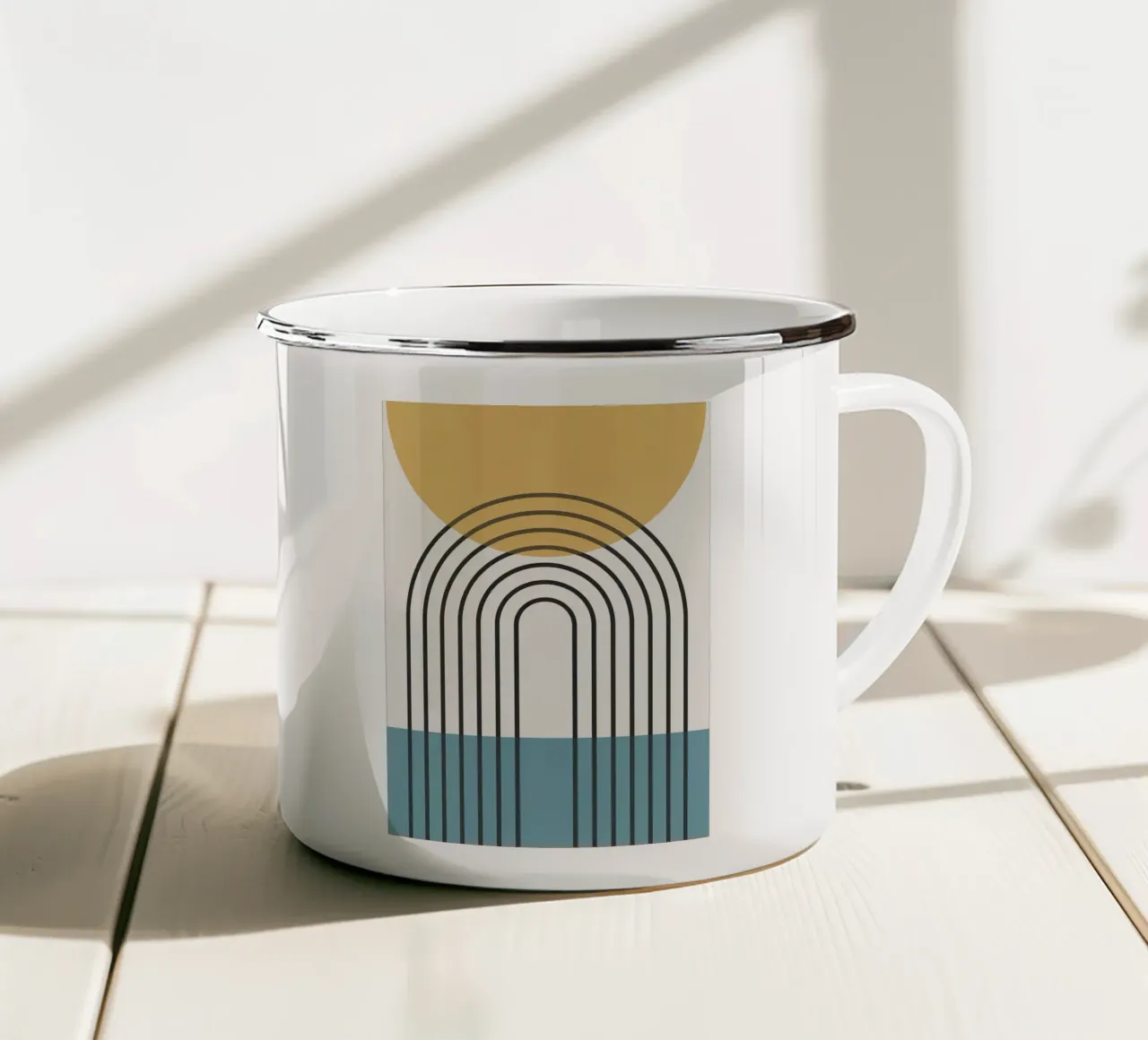 soleil arc-en-ciel lignes courbes mug en émail de Matthew W Smith