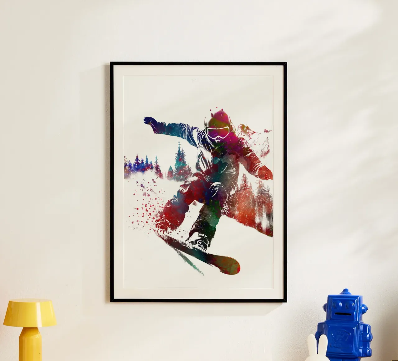 Snowboarder sport art bianco poster con telaio in plastica da SPORT