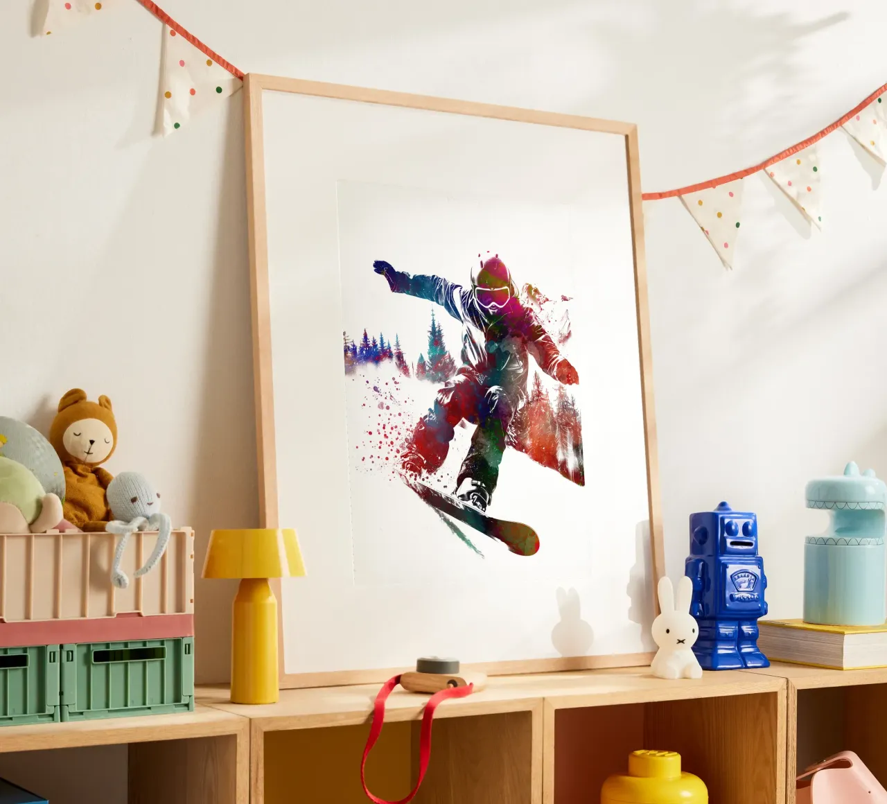 Snowboarder sport art bianco poster con telaio in plastica da SPORT