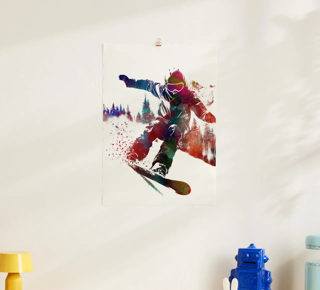 Snowboarder sport art bianco poster con telaio in plastica da SPORT