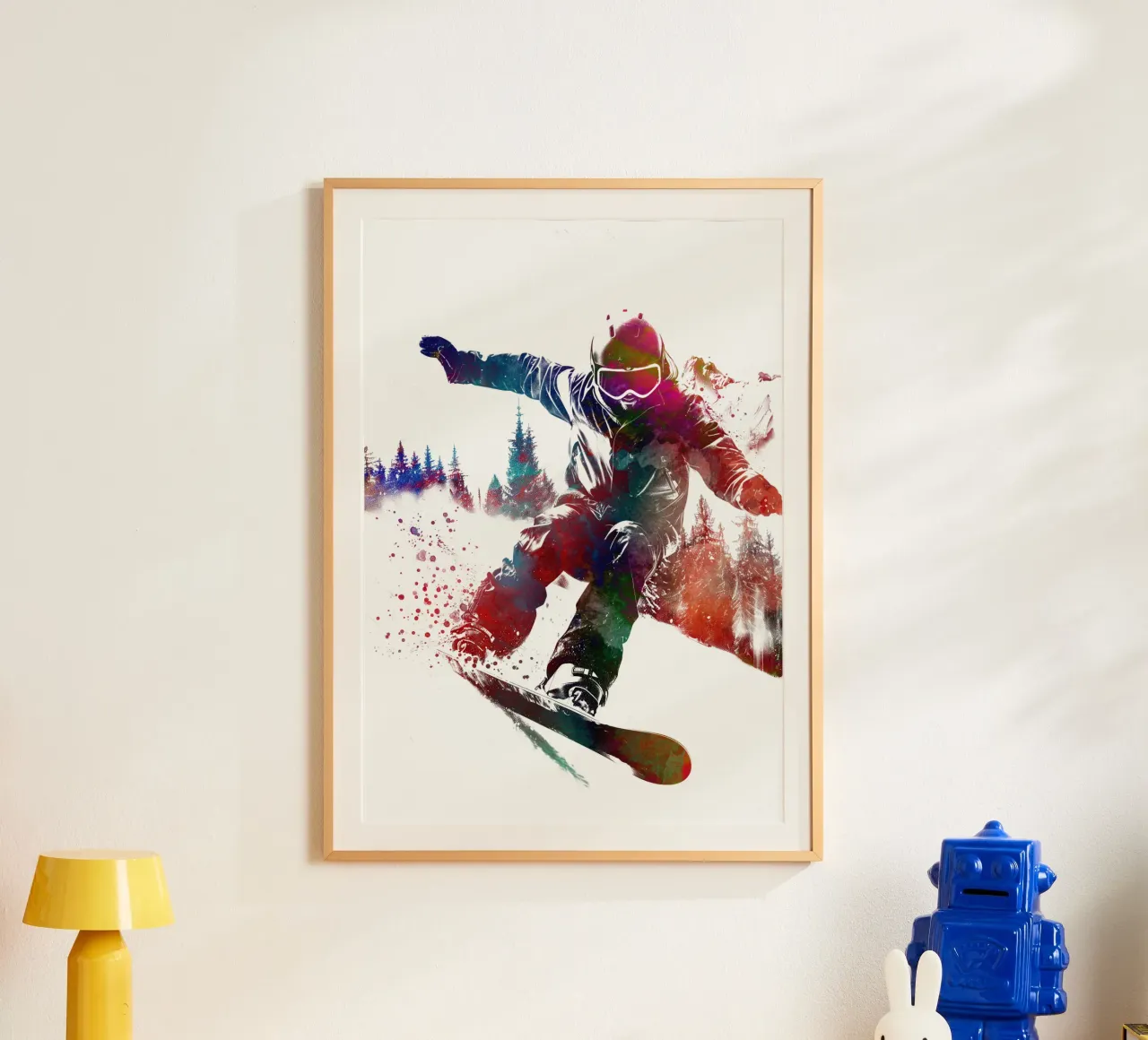 Snowboarder sport art bianco poster con telaio in plastica da SPORT