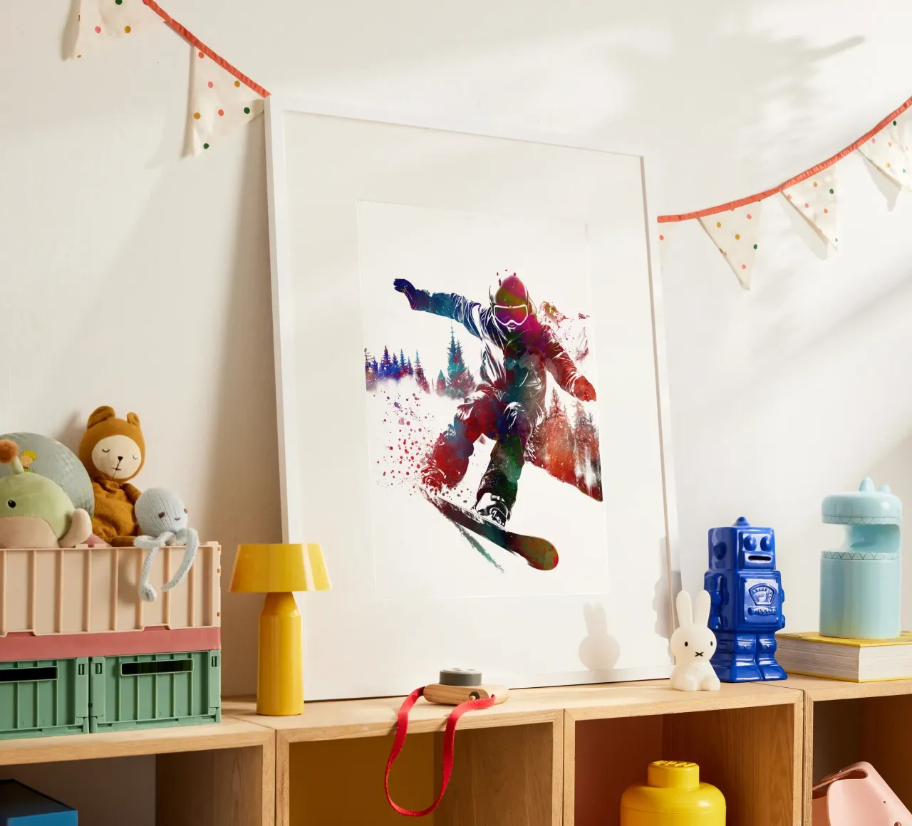 Snowboarder sport art bianco poster con telaio in plastica da SPORT