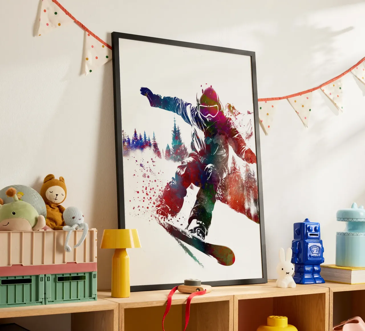Snowboarder sport art bianco poster con telaio in plastica da SPORT