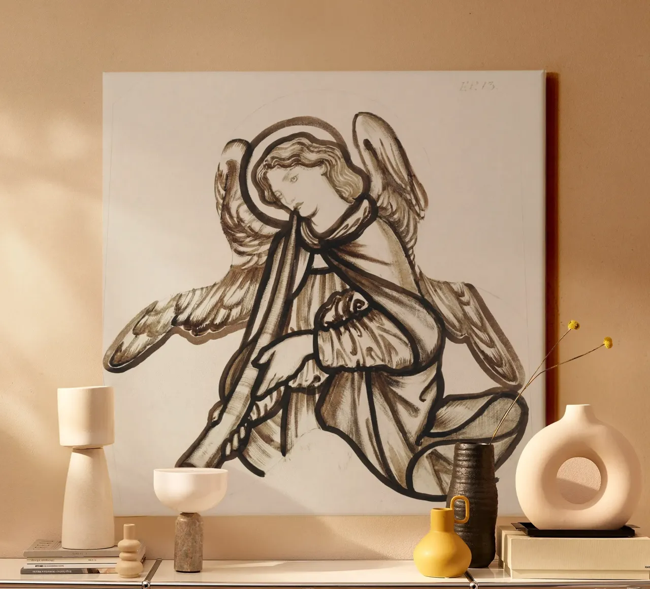 Burne-Jones Ángel tocando un cuerno - Pre-Raphaelite Sketch Ar lienzo con Marco flotante de ClubArt