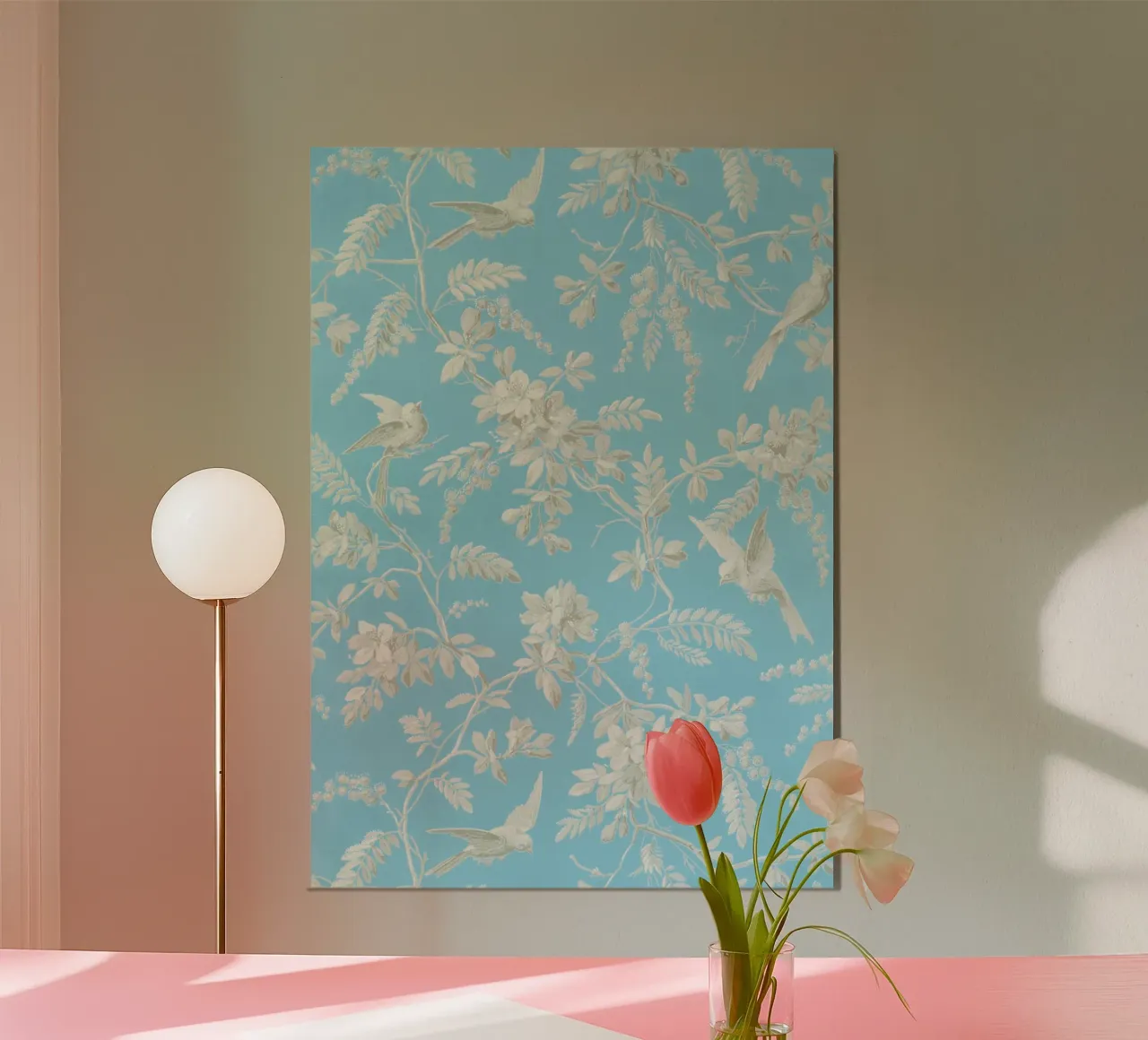Uccelli e motivi floreali d'epoca - Estetica blu Chinoiserie poster con telaio in alluminio da ClubArt