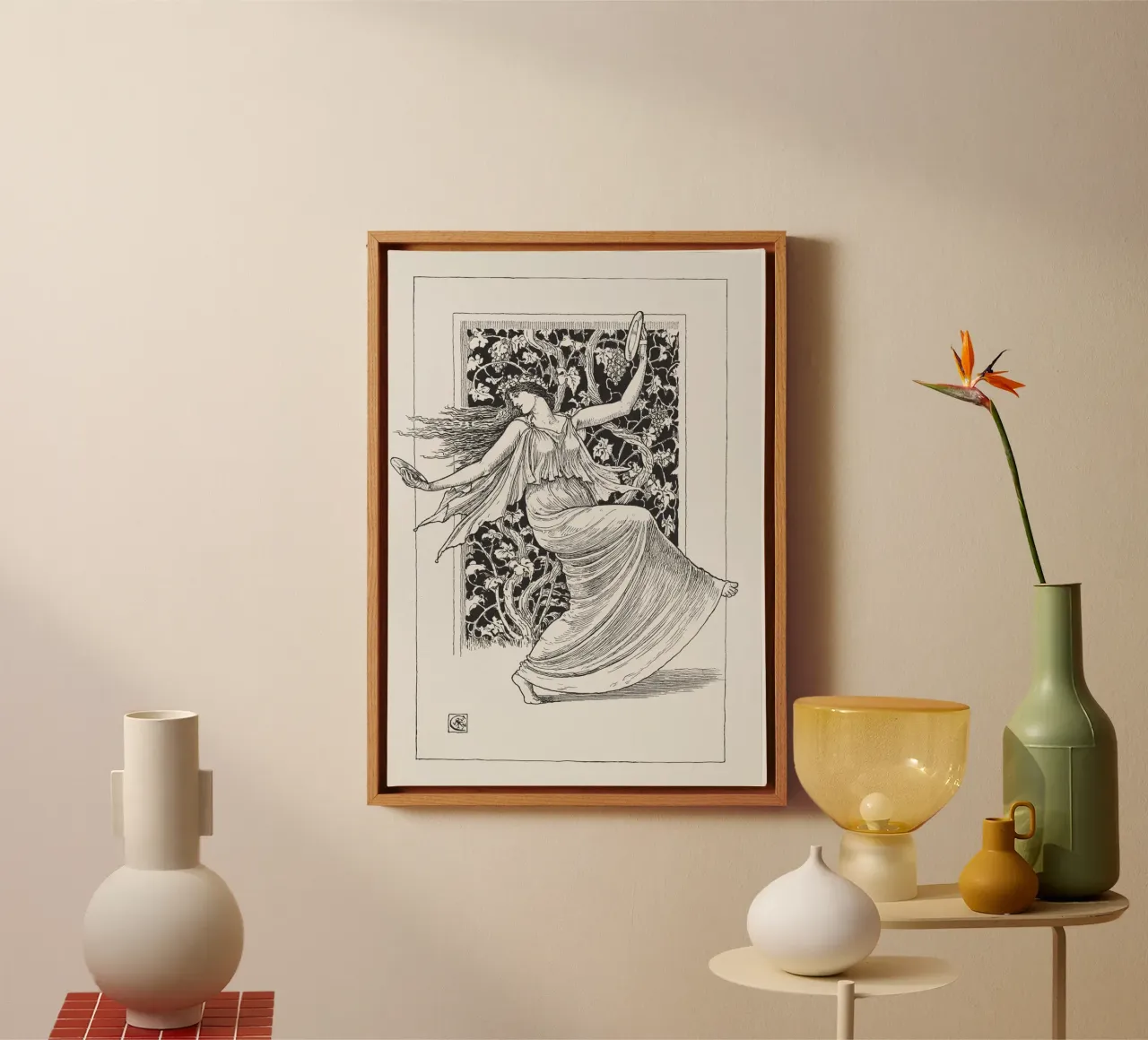 Dansende nimf - Art Nouveau, zwart-wit figuurstudie canvas met Baklijst van ClubArt
