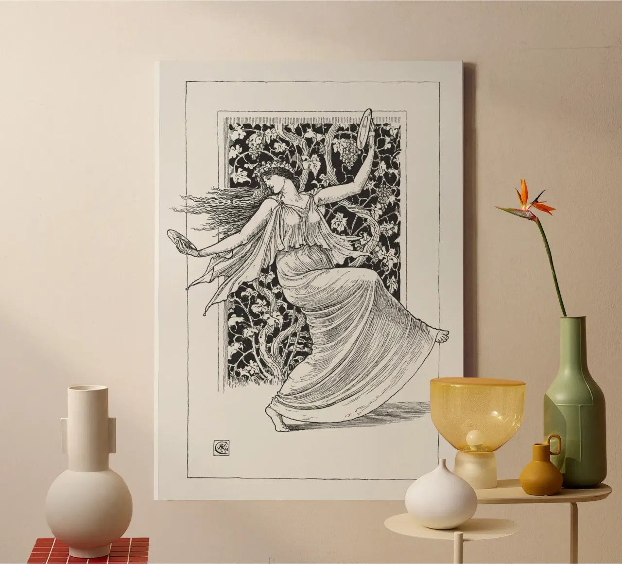 Dansende nimf - Art Nouveau, zwart-wit figuurstudie canvas met Baklijst van ClubArt