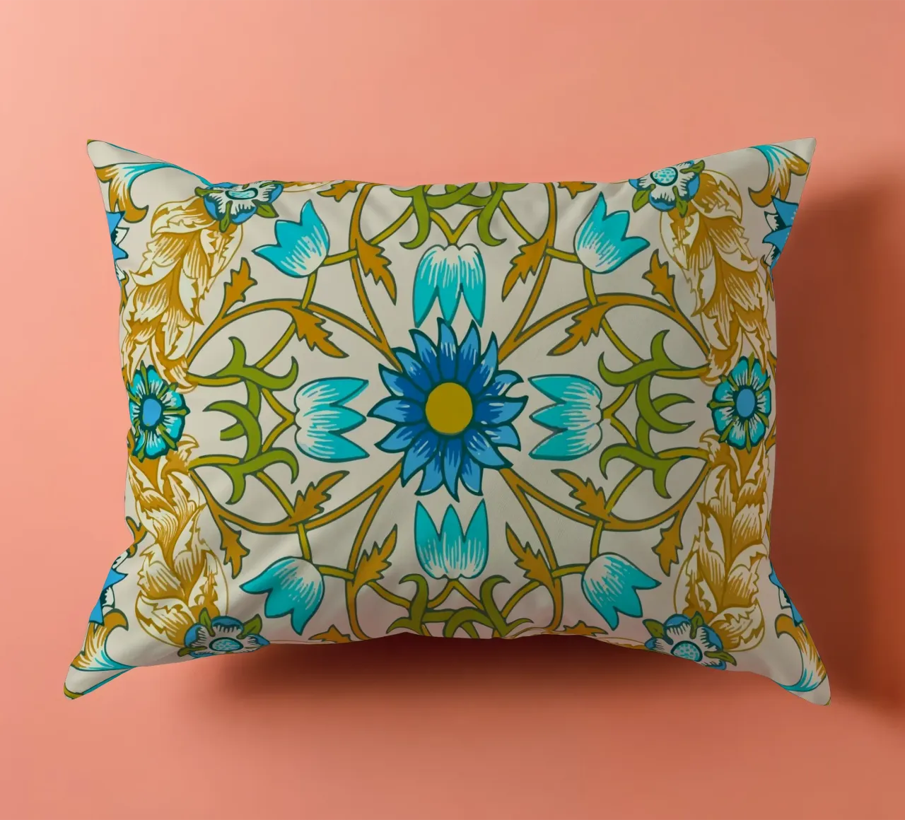 Modello di ornamento floreale d'epoca - Arti e Mestieri Blu e Oro cuscino da ClubArt