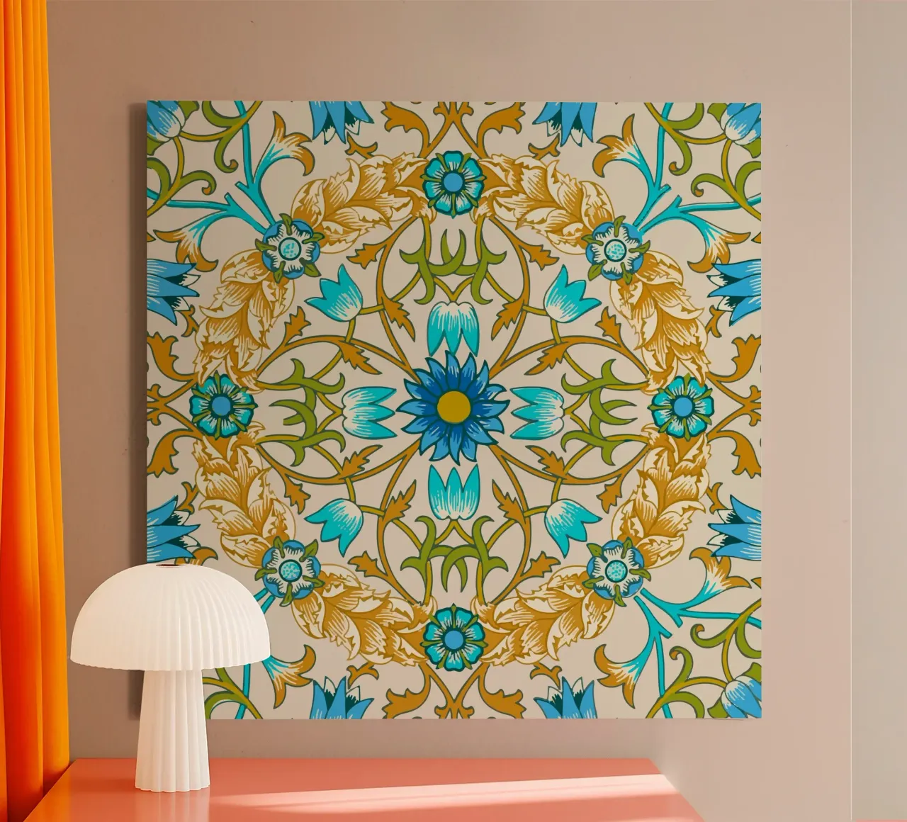Modello di ornamento floreale d'epoca - Arti e Mestieri Blu e Oro tela con Cornice a cassetta da ClubArt