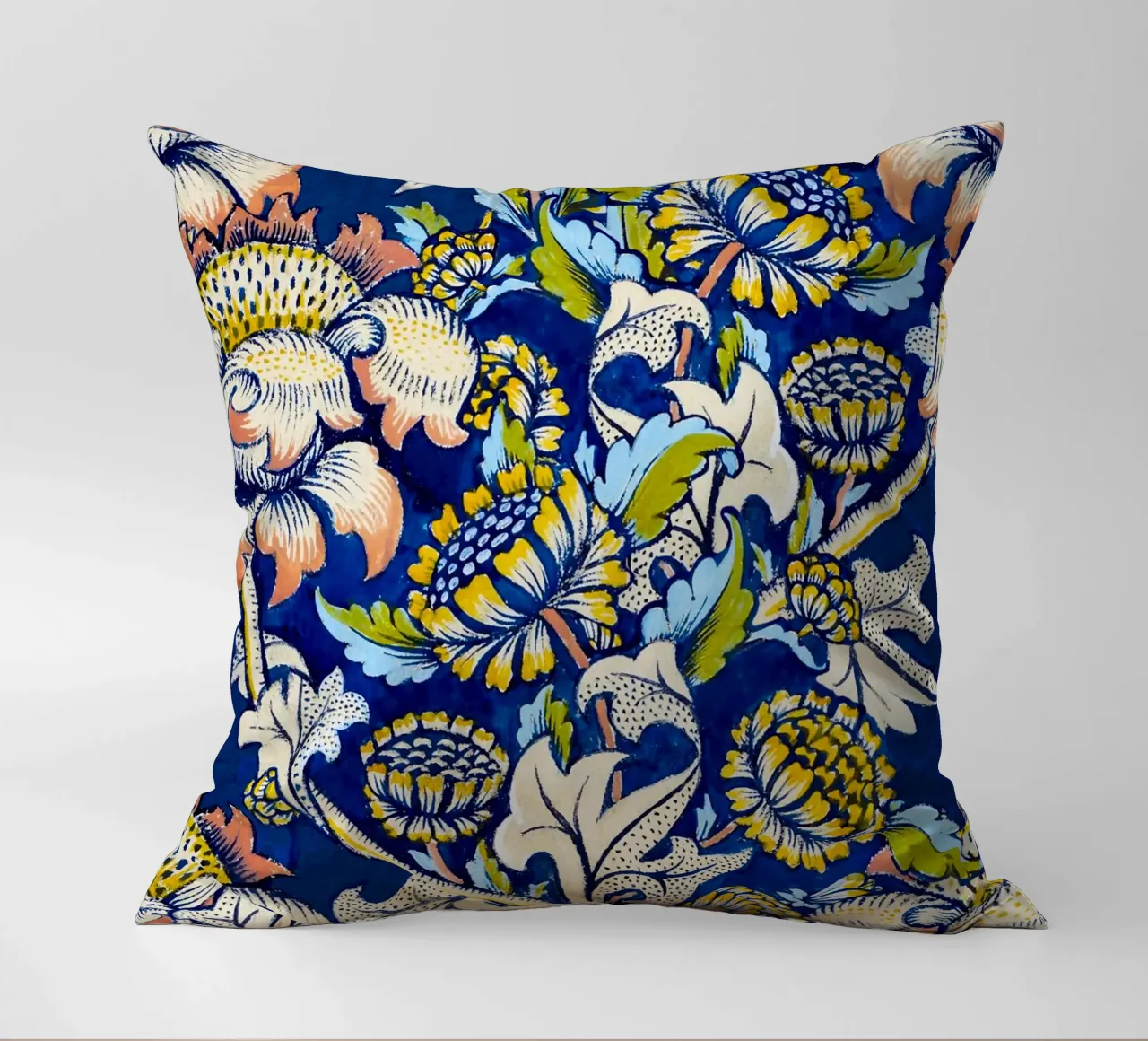 William Morris Floral Pattern - Art Nouveau Blue & Yellow decorative cushion by ClubArt