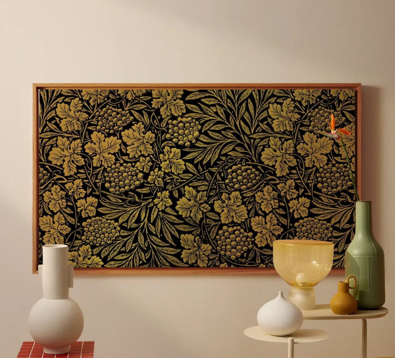 William Morris Gouden Bloempatroon - Arts & Crafts Zwart & canvas met Baklijst van ClubArt