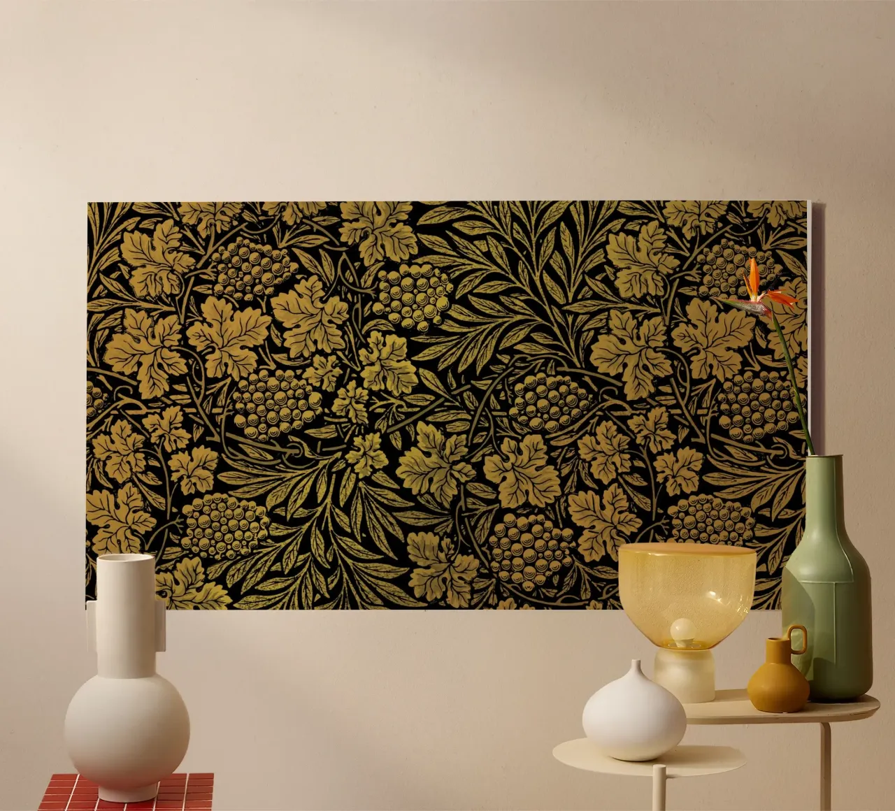 William Morris Gouden Bloempatroon - Arts & Crafts Zwart & canvas met Baklijst van ClubArt